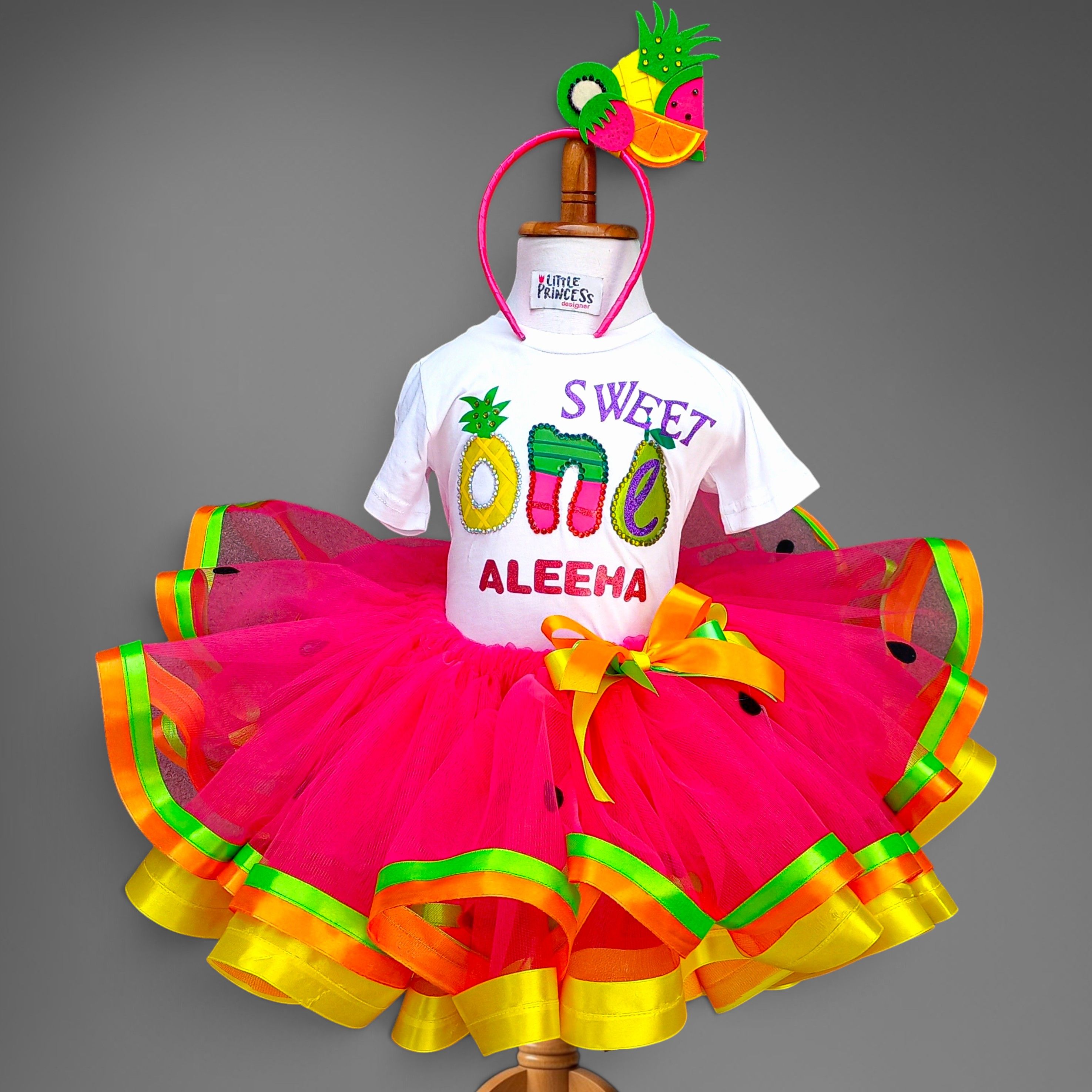 Tutti Frutti Skirt – handmade girls outfit, cotton shirt with a net tutu skirt and ribbon straps, made to order in Pakistan