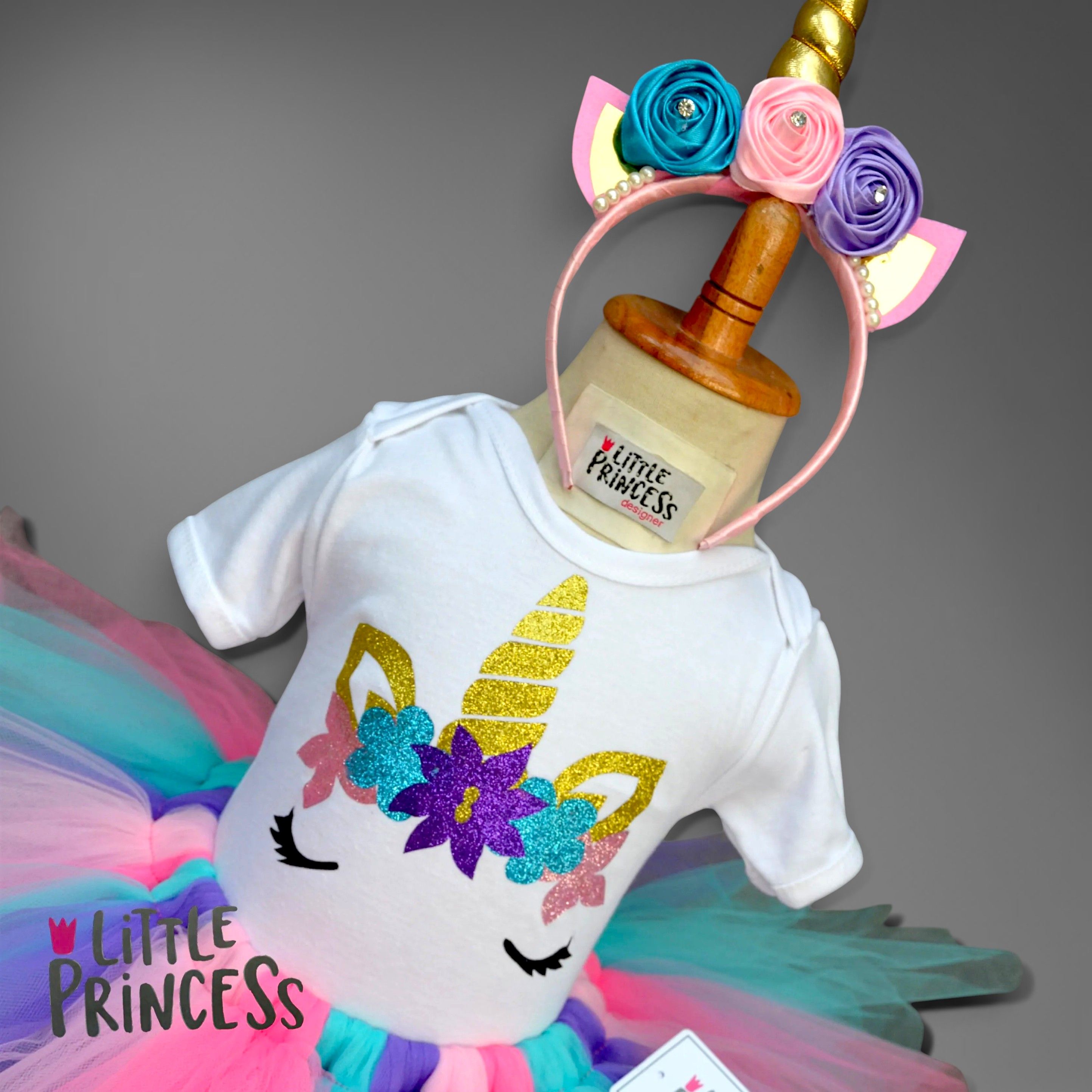 Unicorn Half Frock – handmade girls outfit, white silk upper body, net skirt lined with silk underneath, made to order in Pakistan