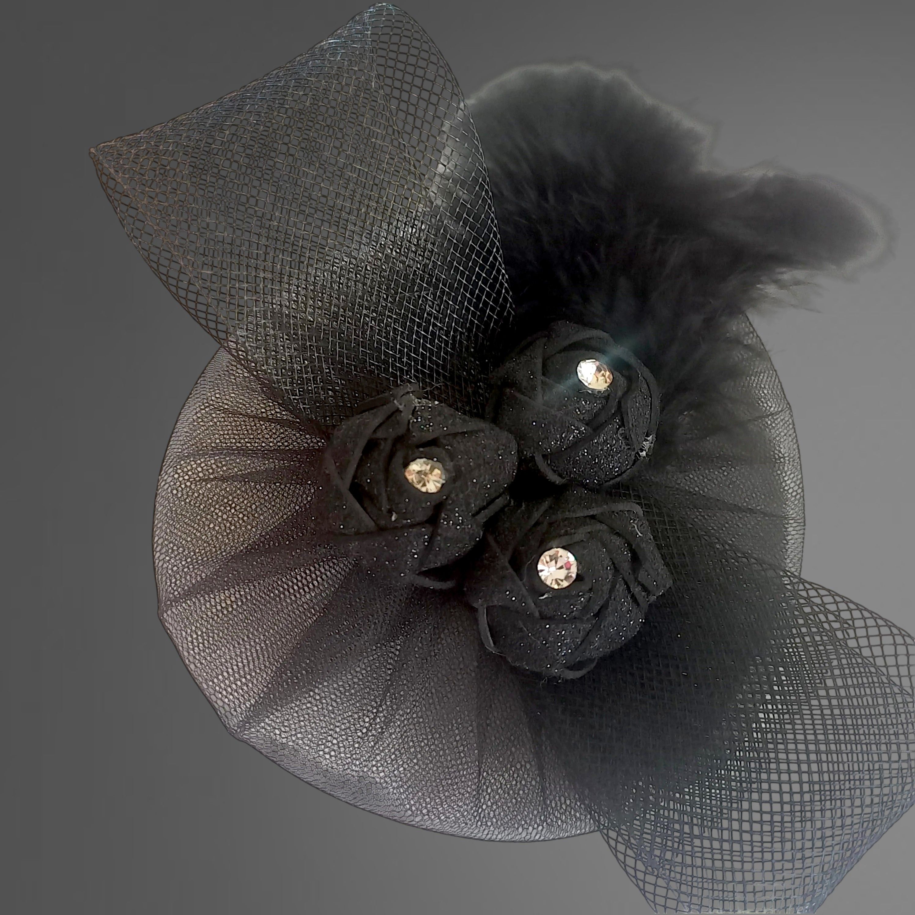 Midnight Rose Feather Fascinator – handmade girls outfit, made to order in Pakistan