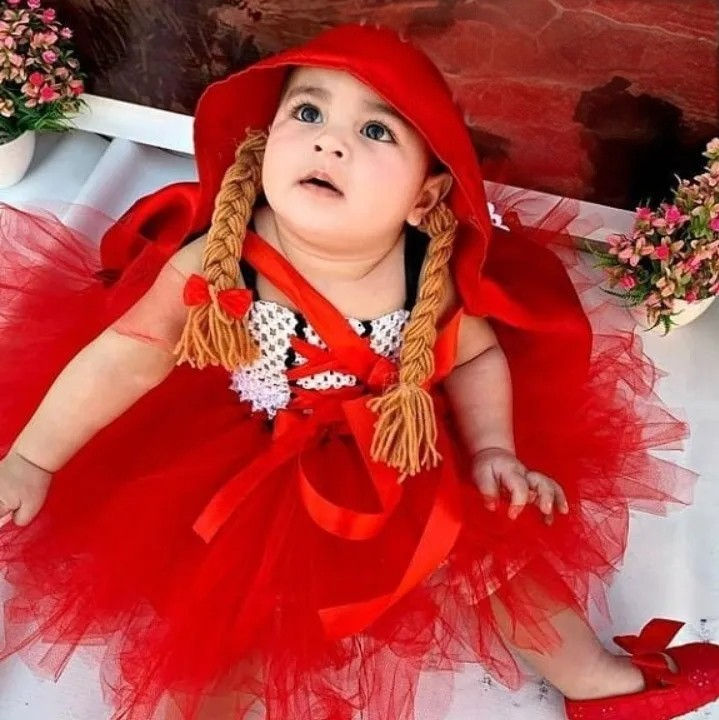 Little Red Riding Hood – handmade girls outfit, crochet body with a red net tutu skirt, made to order in Pakistan