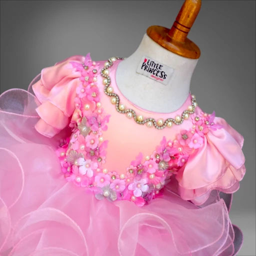 Pink Pageant Dress – handmade girls outfit, silk upper body with a layered organza skirt, made to order in Pakistan