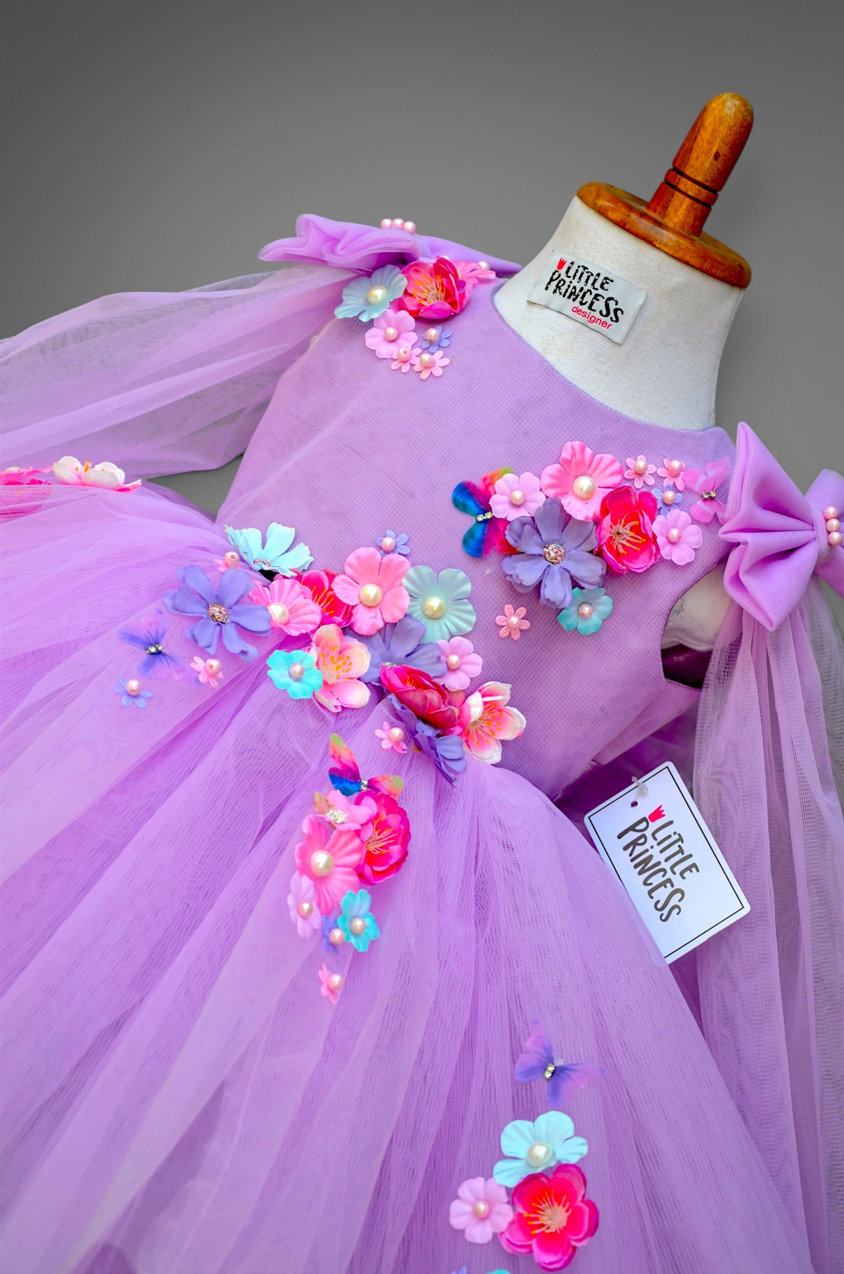 Flared Purple Frock – handmade girls outfit, layered net with a flared skirt, made to order in Pakistan