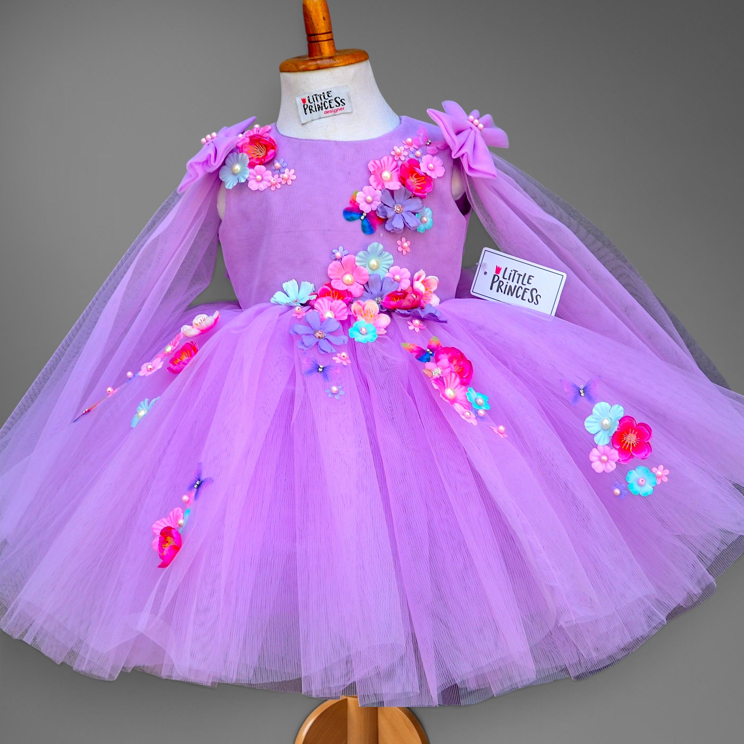 Flared Purple Frock – handmade girls outfit, layered net with a flared skirt, made to order in Pakistan