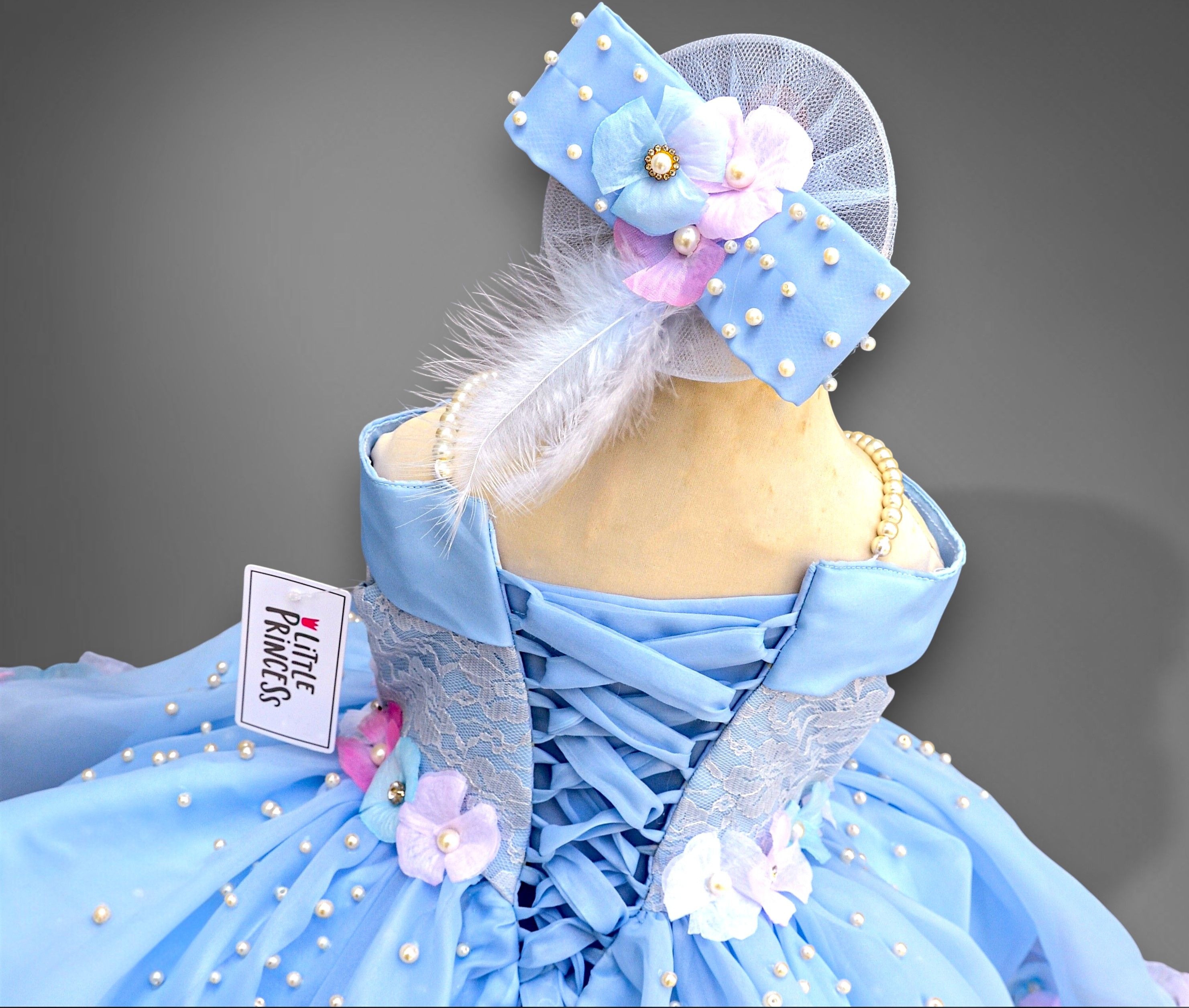 Sky Blue Blossom Gown Short – handmade girls outfit, organza with hand-placed pearls and 3D floral petals, made to order in Pakistan