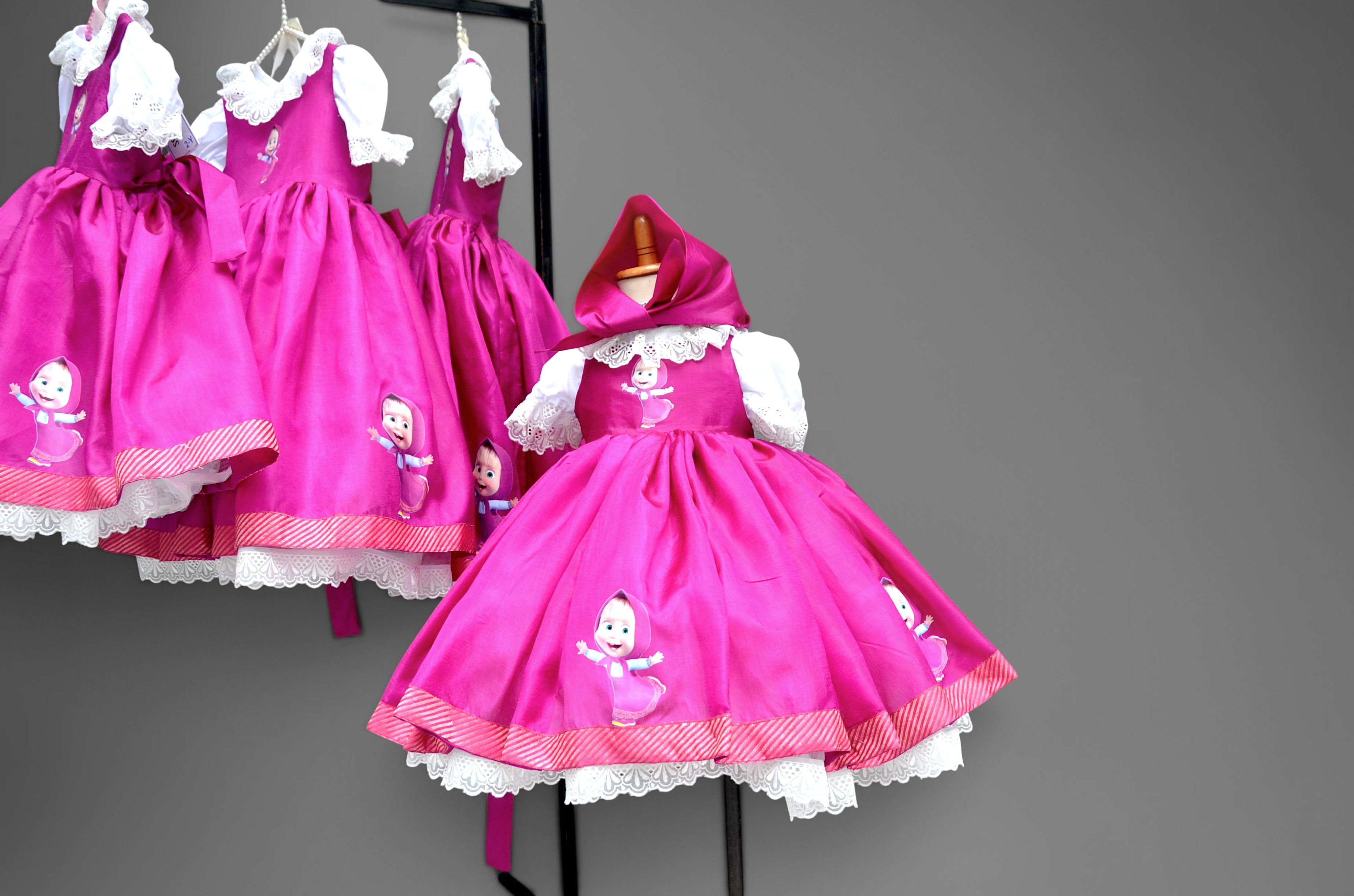 Masha and the Bear Dress – handmade kids outfit, cotton shirt with a silk frock, made to order in Pakistan