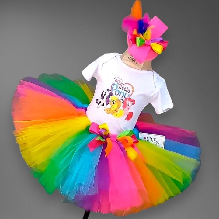My Little Pony Tutu Skirt – handmade girls outfit, cotton shirt with a multi-color rainbow net tutu skirt, made to order in Pakistan