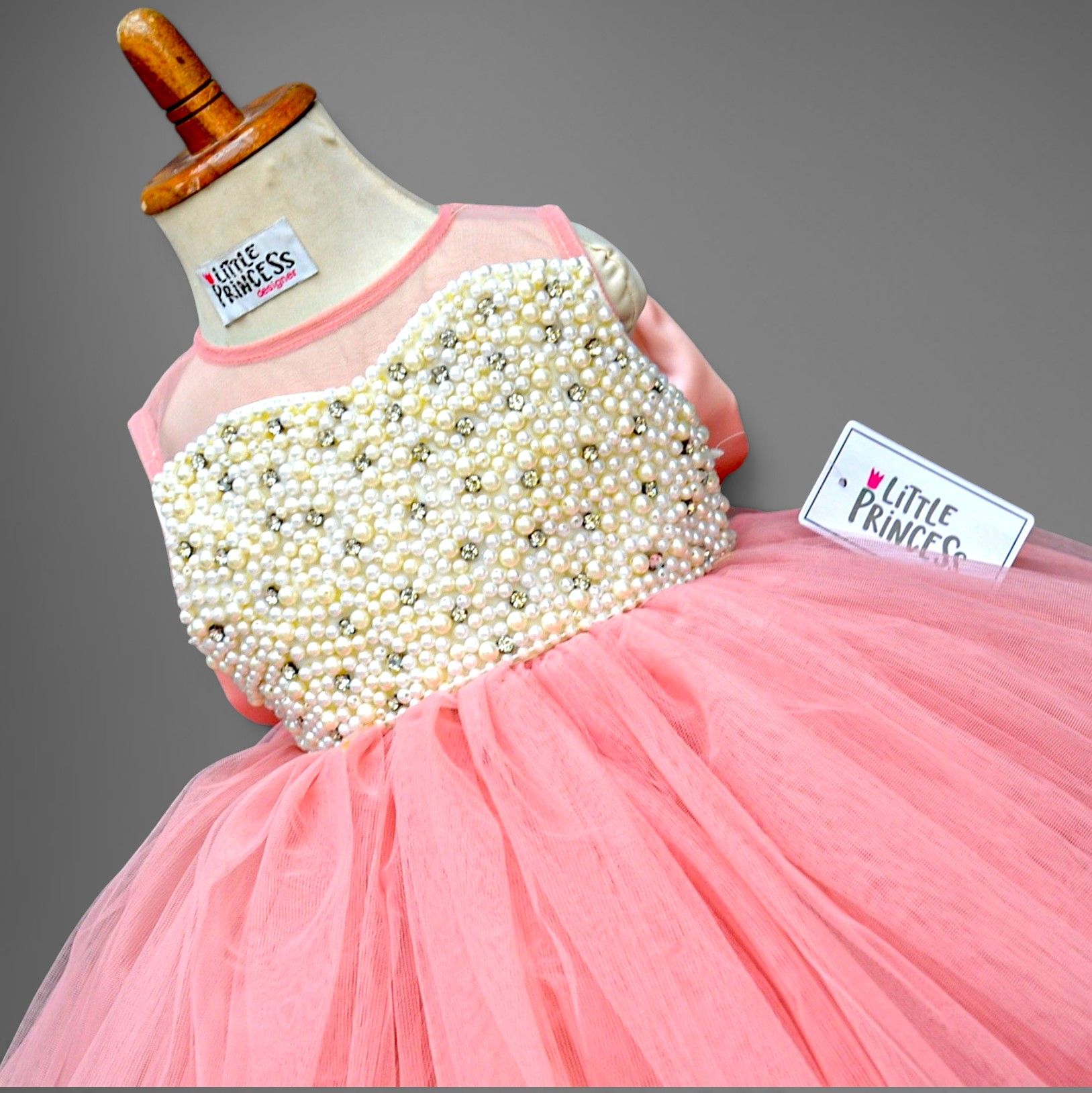 Peach Luxury Butterfly Dress – handmade girls outfit, net skirt with a silk pearl body, made to order in Pakistan