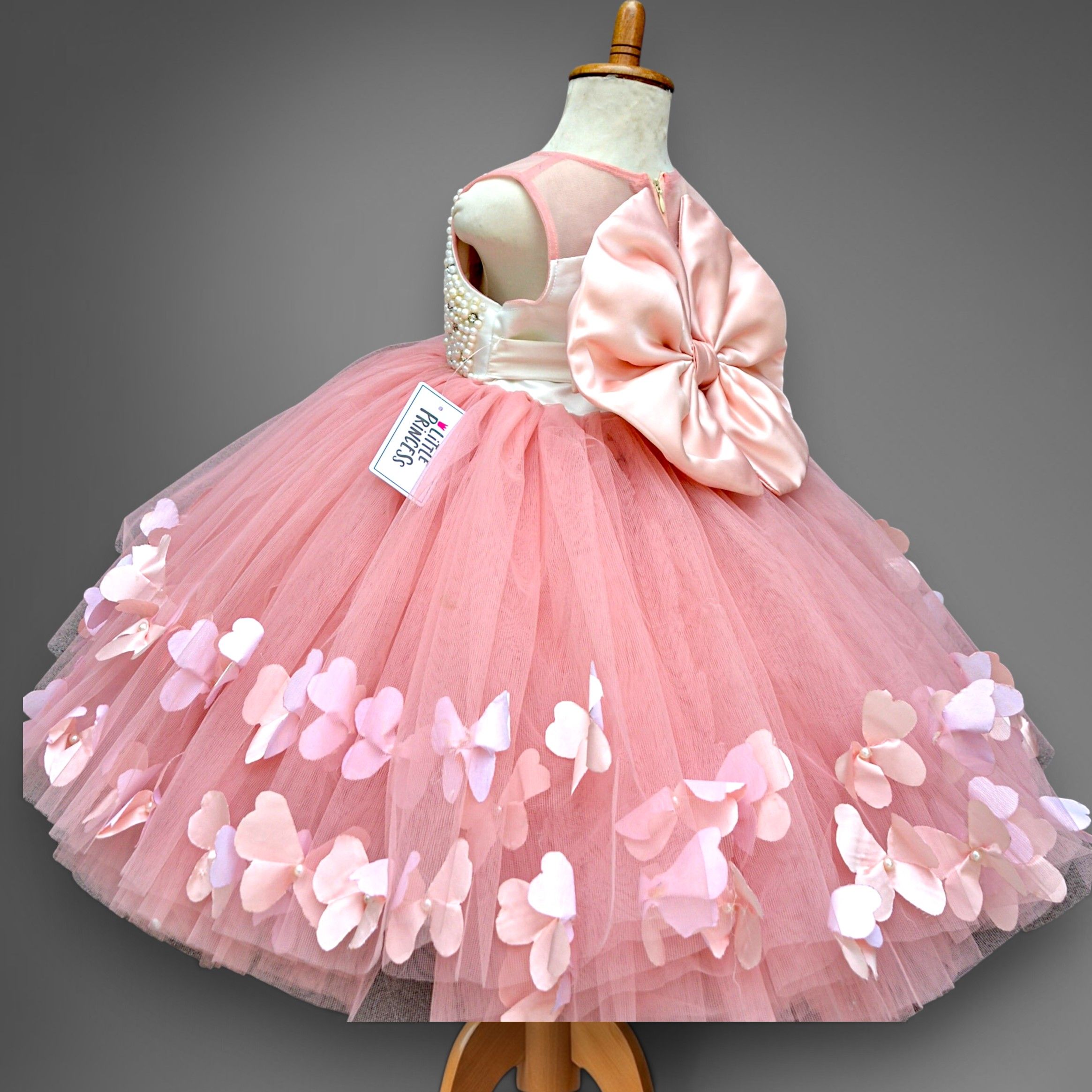 Peach Luxury Butterfly Dress – handmade girls outfit, net skirt with a silk pearl body, made to order in Pakistan