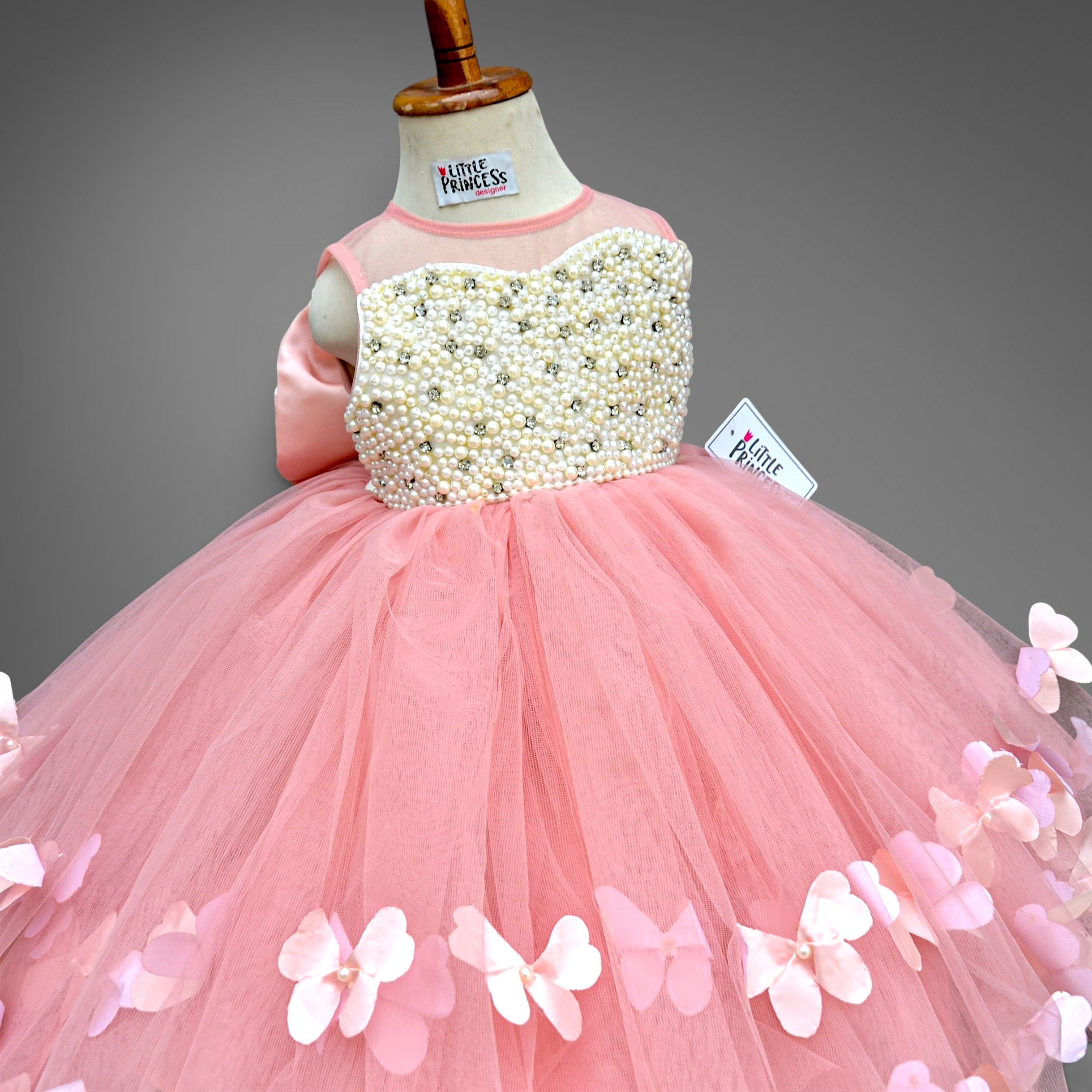 Peach Luxury Butterfly Dress – handmade girls outfit, net skirt with a silk pearl body, made to order in Pakistan