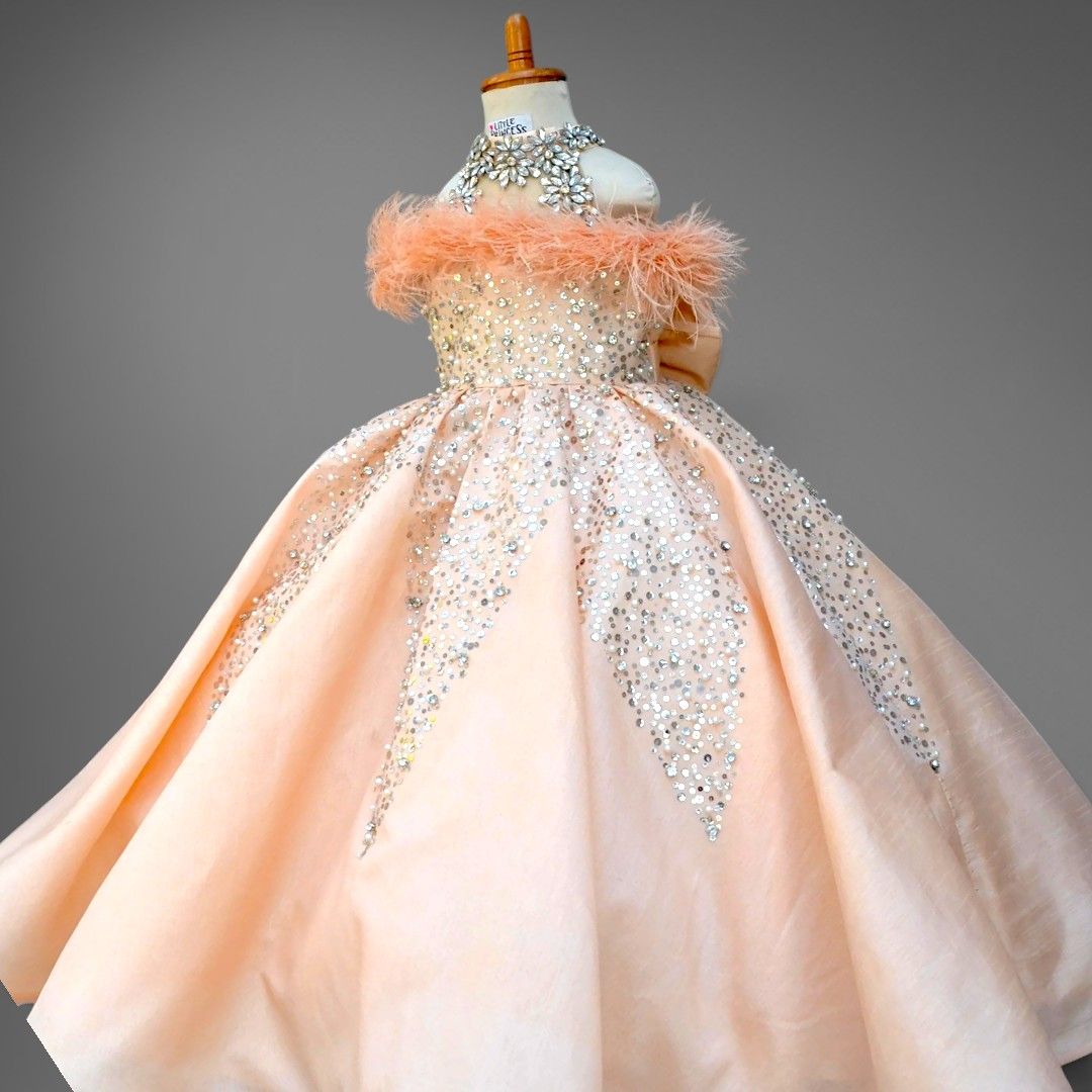 Crystal Peach Gown – handmade girls outfit, silk body with stone detailing, made to order in Pakistan