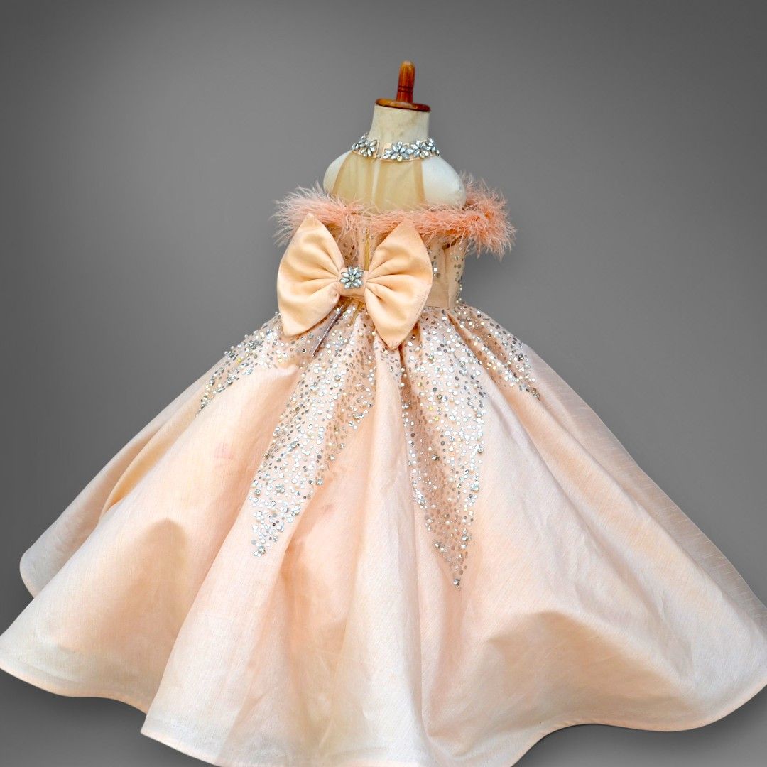 Crystal Peach Gown – handmade girls outfit, silk body with stone detailing, made to order in Pakistan