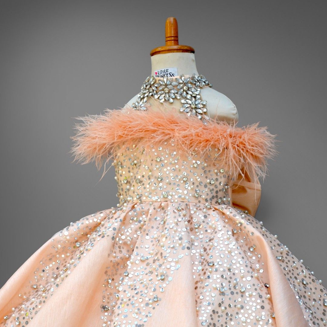 Crystal Peach Gown – handmade girls outfit, silk body with stone detailing, made to order in Pakistan