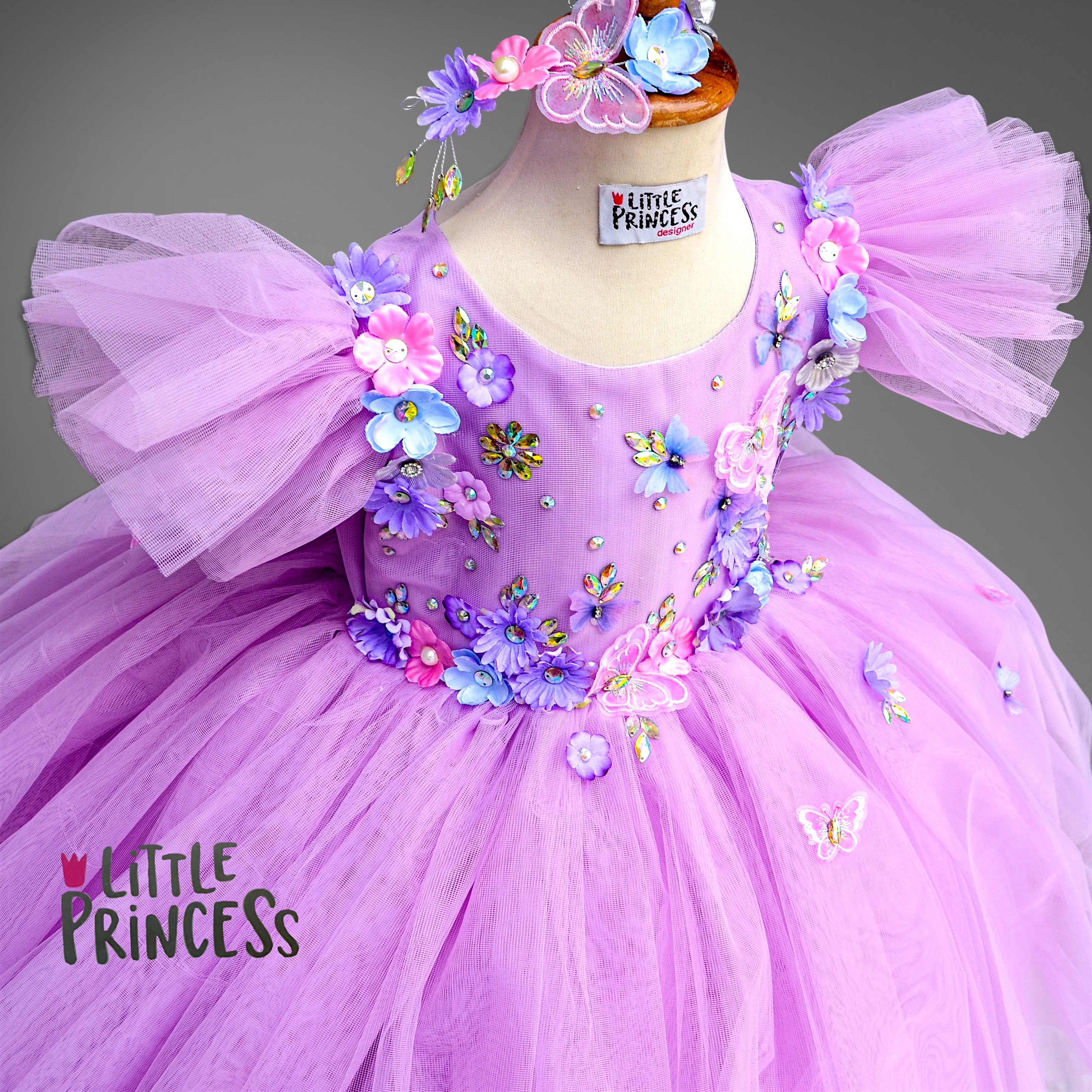 Purple Flutter Dress – handmade girls outfit, layered net skirt with flutter sleeves, made to order in Pakistan