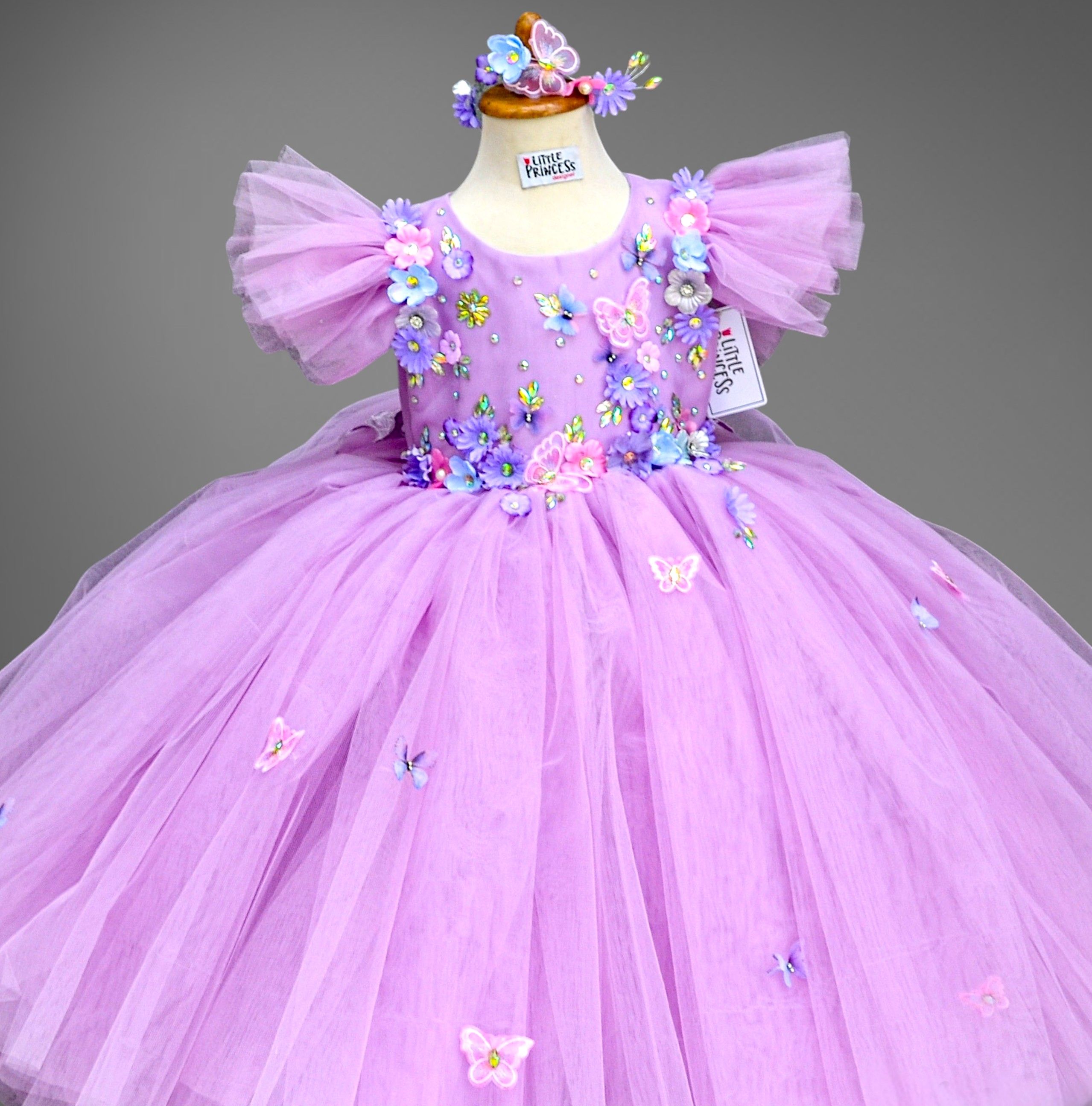 Purple Flutter Dress – handmade girls outfit, layered net skirt with flutter sleeves, made to order in Pakistan