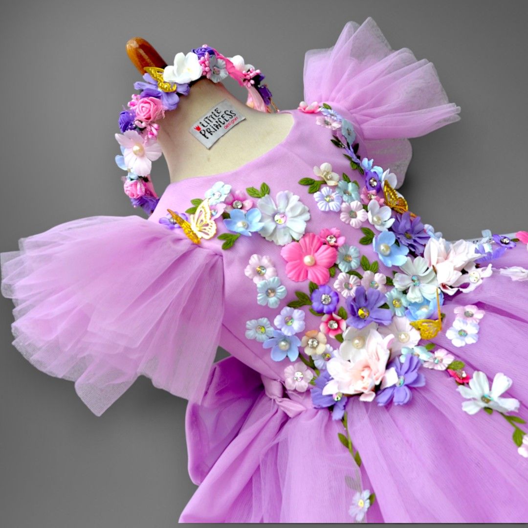 Spring Purple Dress – handmade girls outfit, silk body with a layered net skirt, made to order in Pakistan