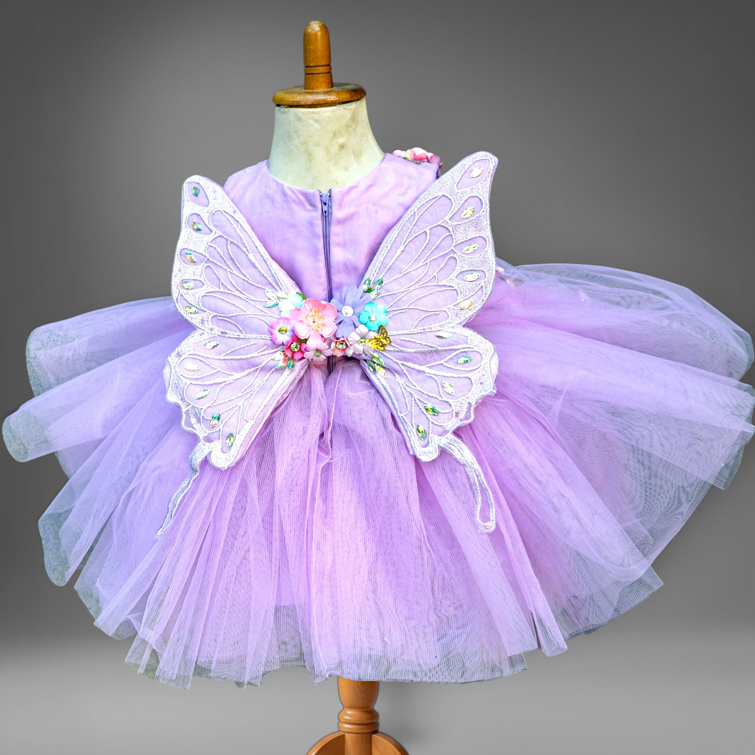 Purple Butterfly Half Frock – handmade girls outfit, layered net body with floral details, made to order in Pakistan
