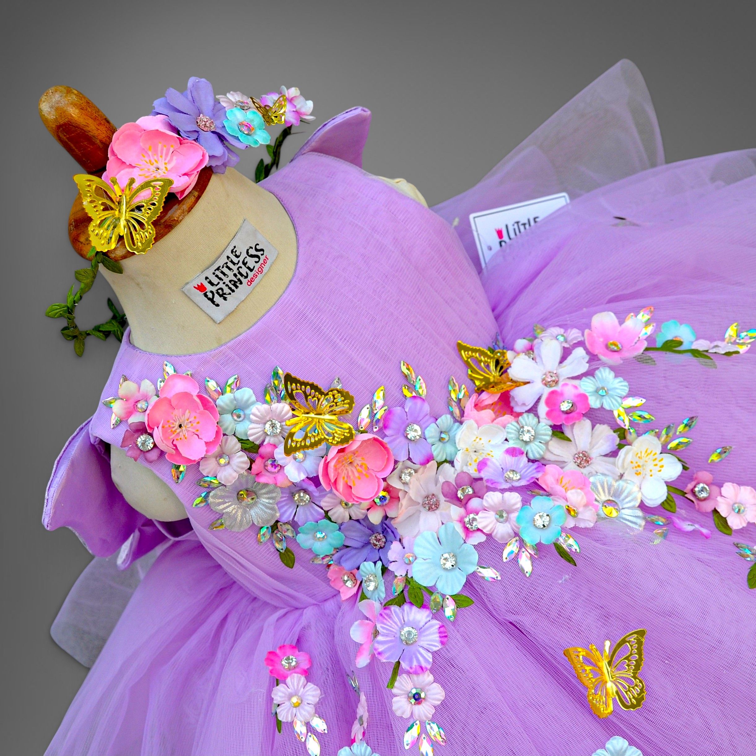 Purple Butterfly Half Frock – handmade girls outfit, layered net body with floral details, made to order in Pakistan