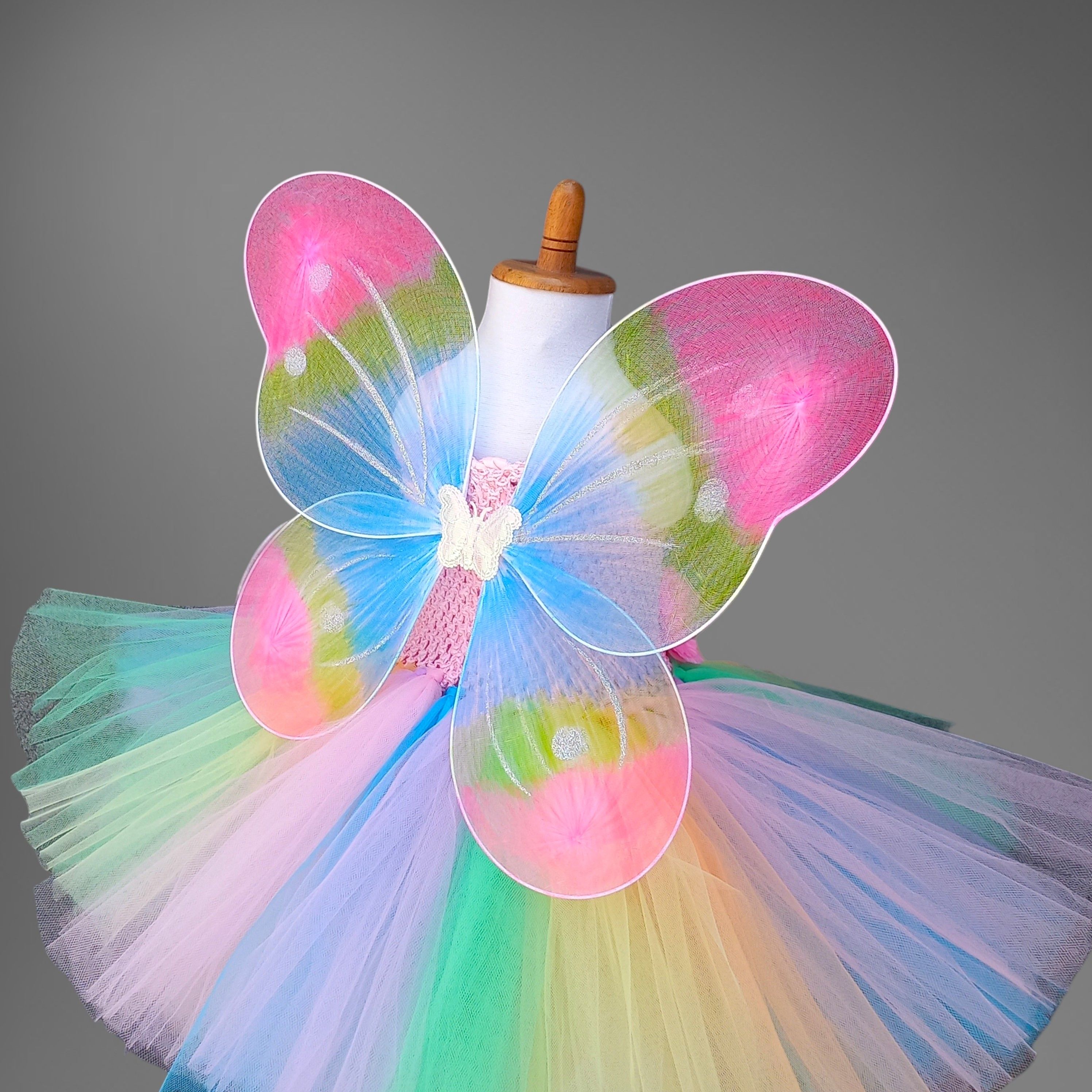 Fairy Crochet Tutu Dress – handmade girls outfit, crochet body with a rainbow net tutu skirt, made to order in Pakistan
