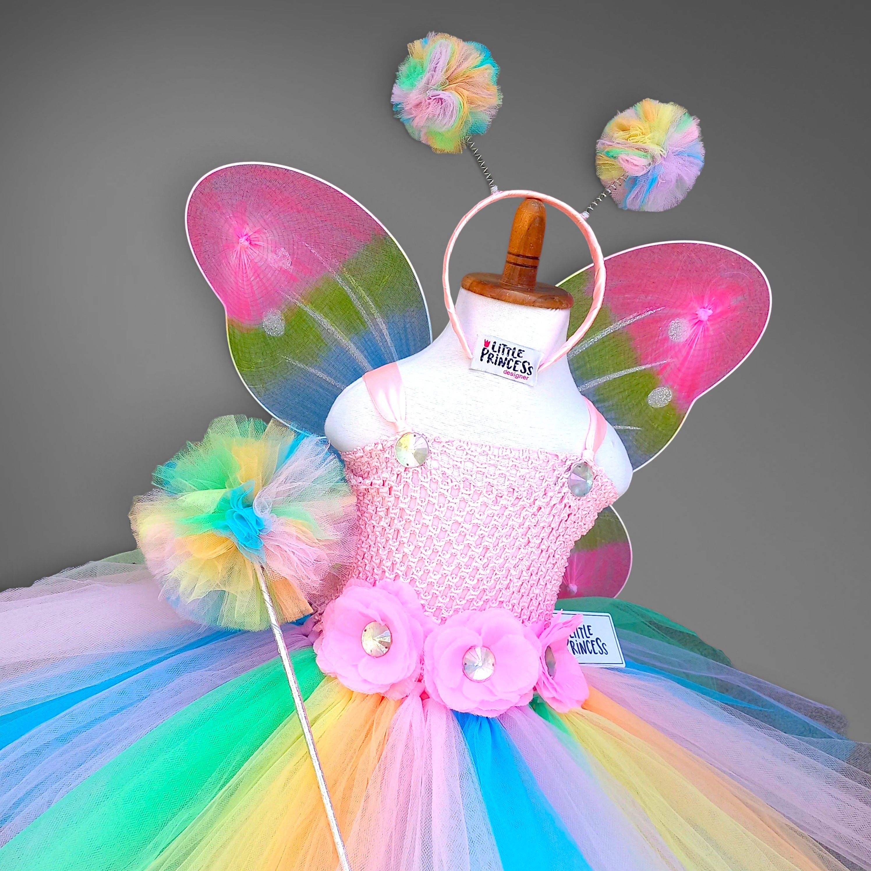 Fairy Crochet Tutu Dress – handmade girls outfit, crochet body with a rainbow net tutu skirt, made to order in Pakistan