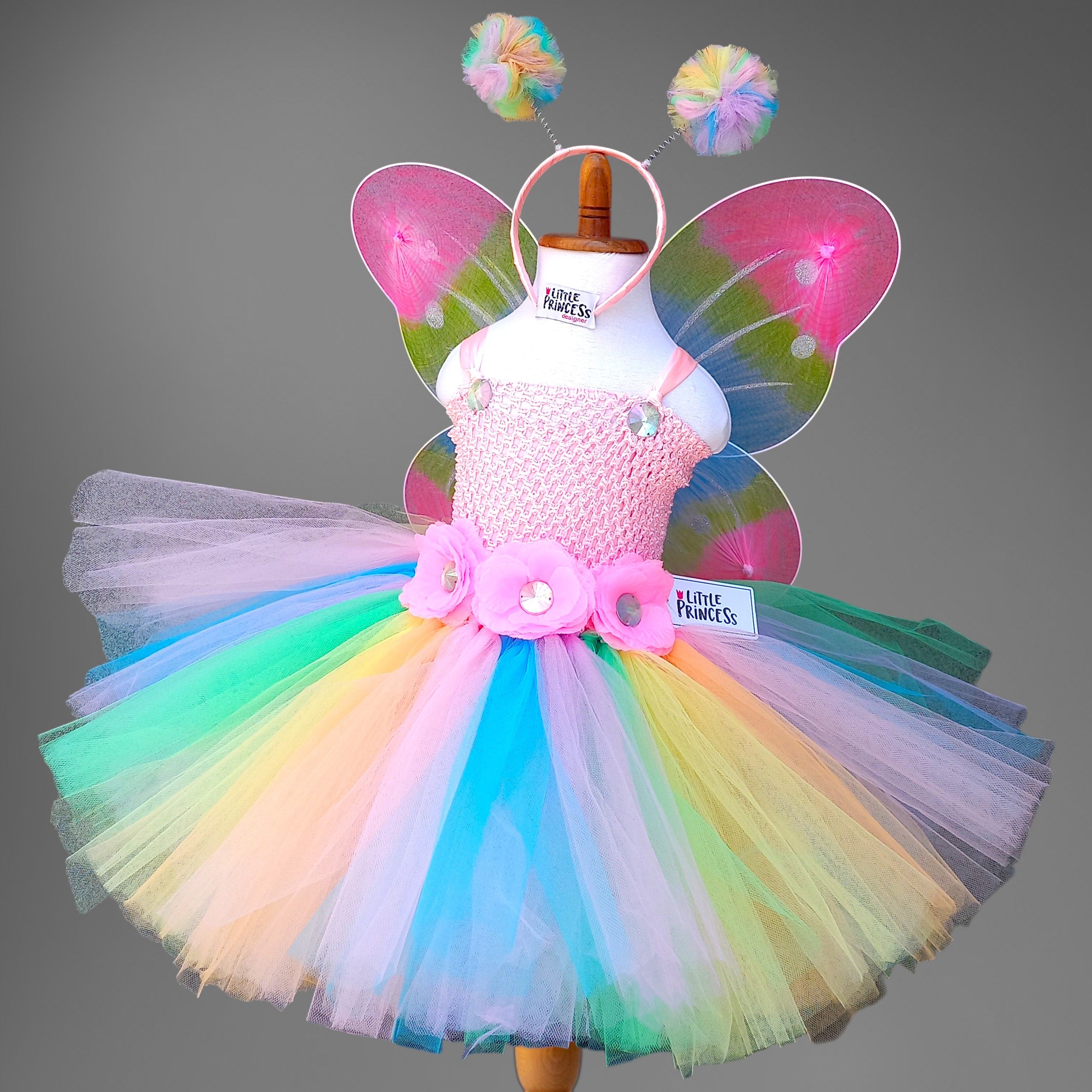 Fairy Crochet Tutu Dress – handmade girls outfit, crochet body with a rainbow net tutu skirt, made to order in Pakistan