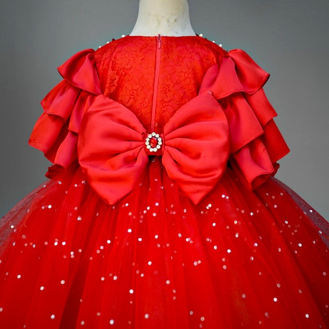 Ruby Red Dress – handmade girls outfit, silk body with a layered net skirt, made to order in Pakistan