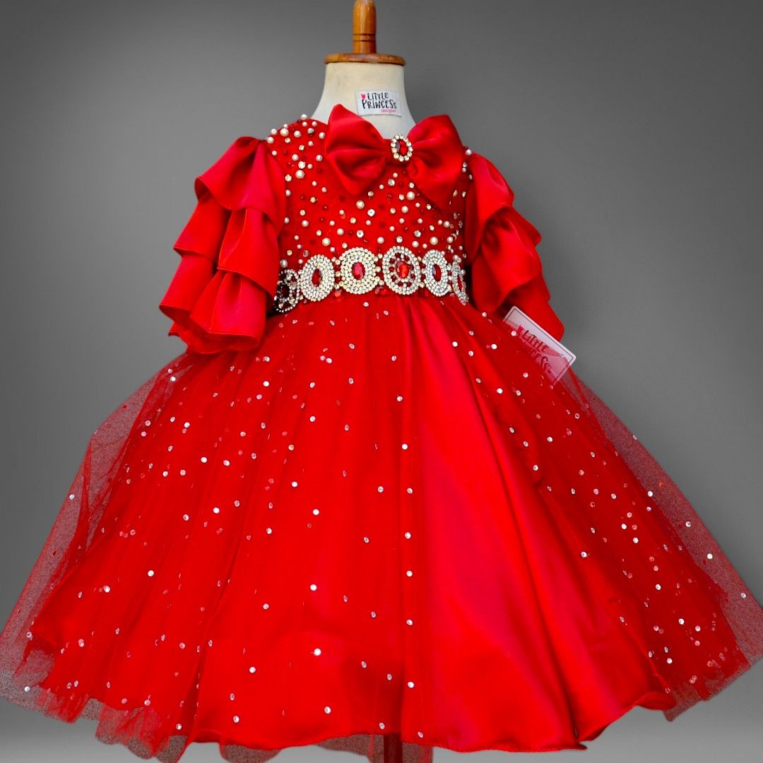 Ruby Red Dress – handmade girls outfit, silk body with a layered net skirt, made to order in Pakistan
