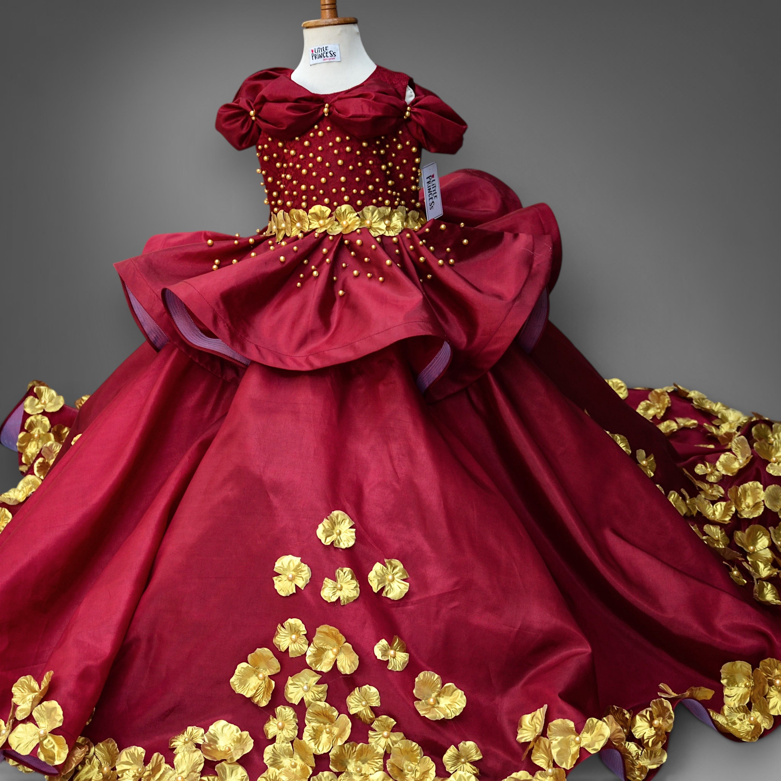 Dark Fairytale Ballgown – handmade girls outfit, silk with gold beaded trim, made to order in Pakistan