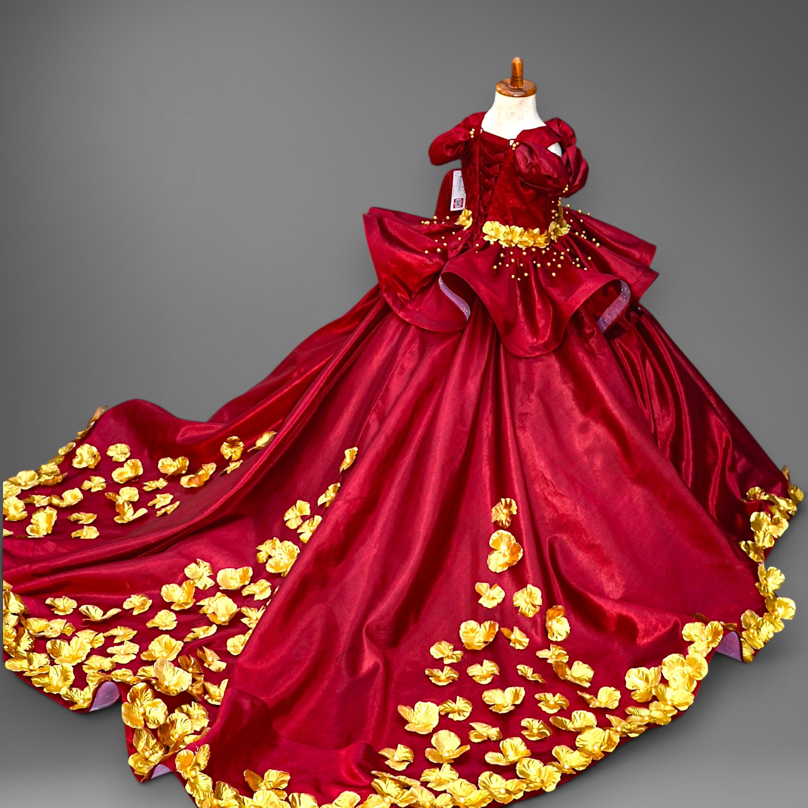 Dark Fairytale Ballgown – handmade girls outfit, silk with gold beaded trim, made to order in Pakistan