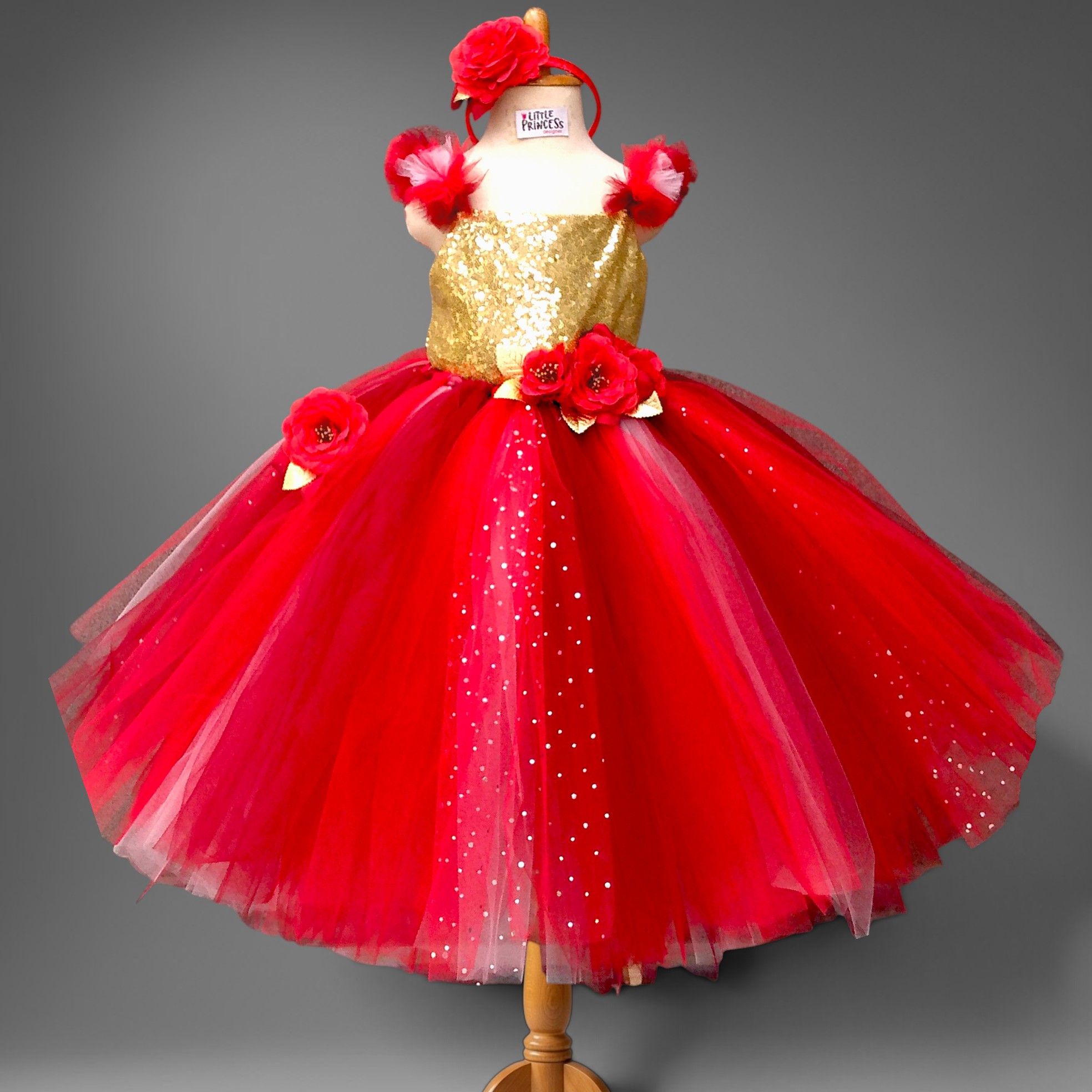 Red and Gold Tutu Dress – handmade girls outfit, sequin body with a net skirt, made to order in Pakistan
