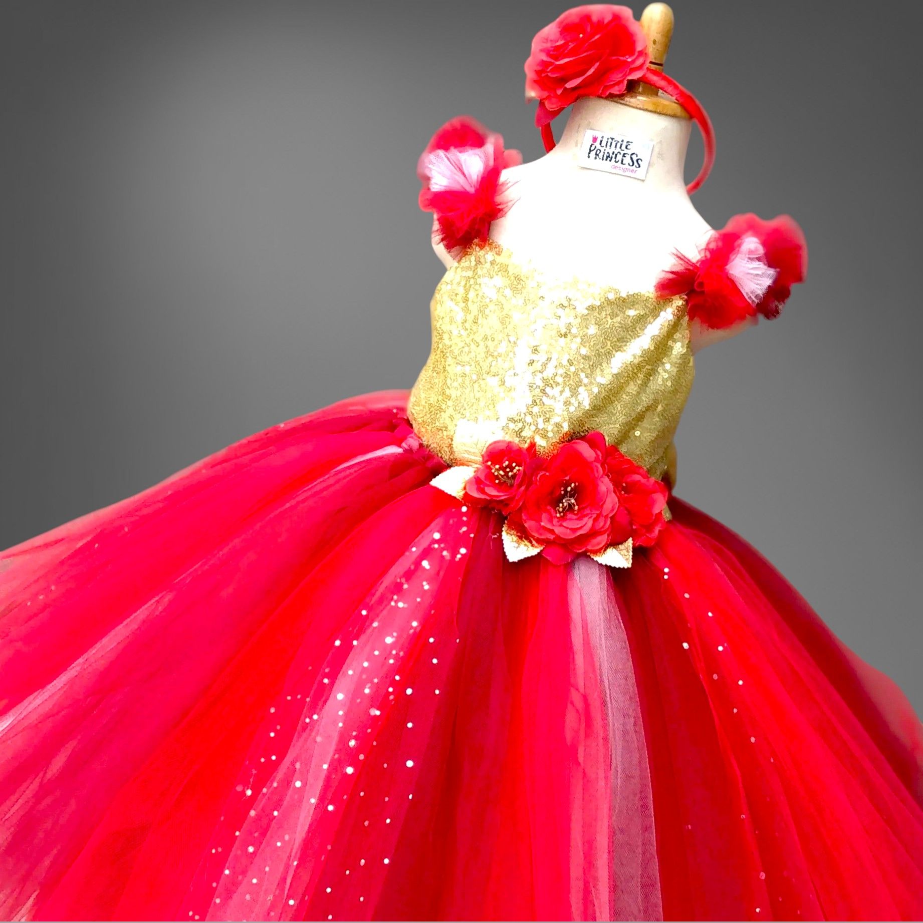 Red and Gold Tutu Dress – handmade girls outfit, sequin body with a net skirt, made to order in Pakistan