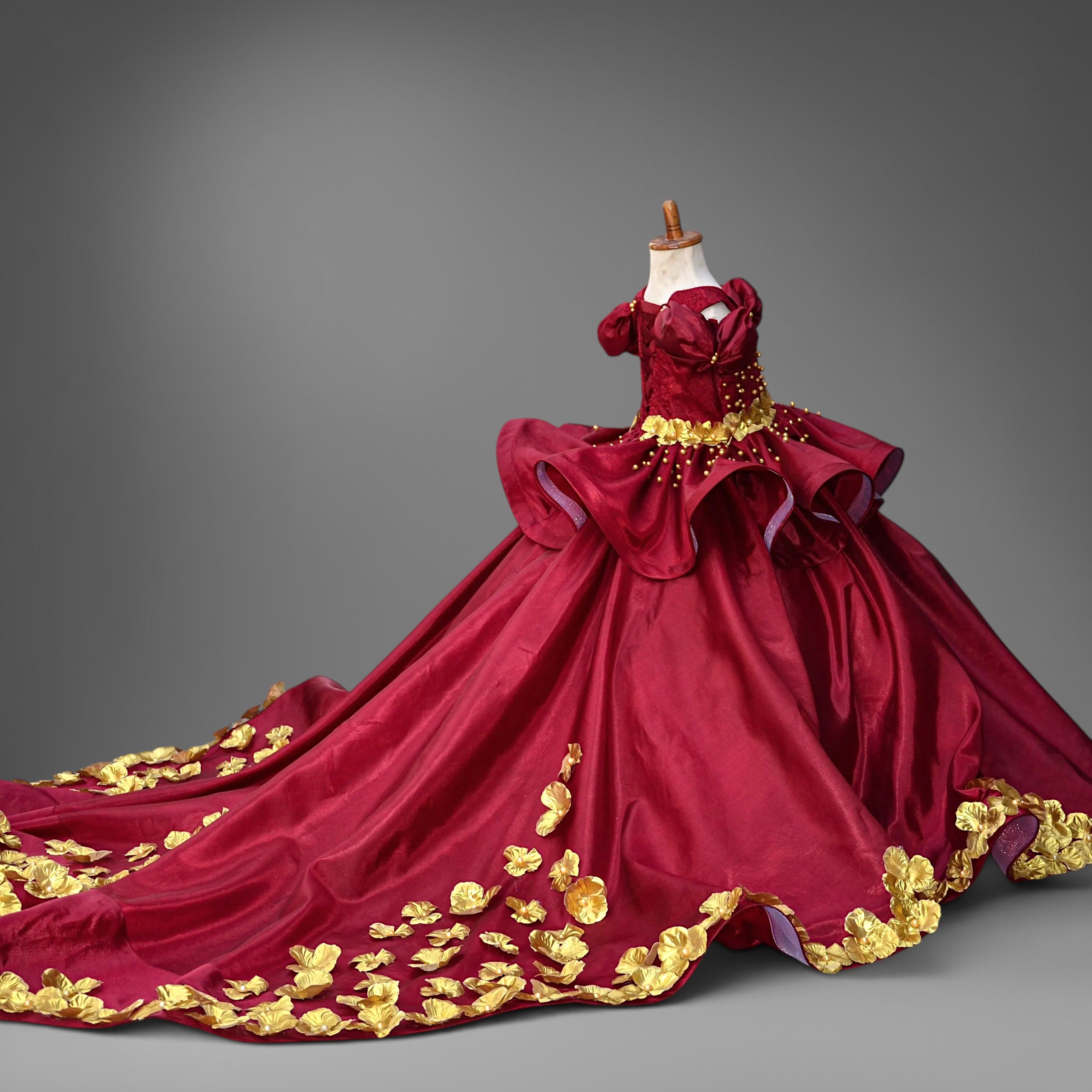Dark Fairytale Ballgown – handmade girls outfit, silk with gold beaded trim, made to order in Pakistan
