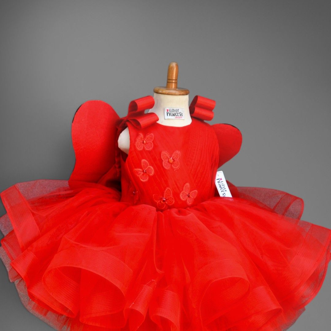Red Butterfly Dress – handmade girls outfit, silk body and layers of bright net, made to order in Pakistan