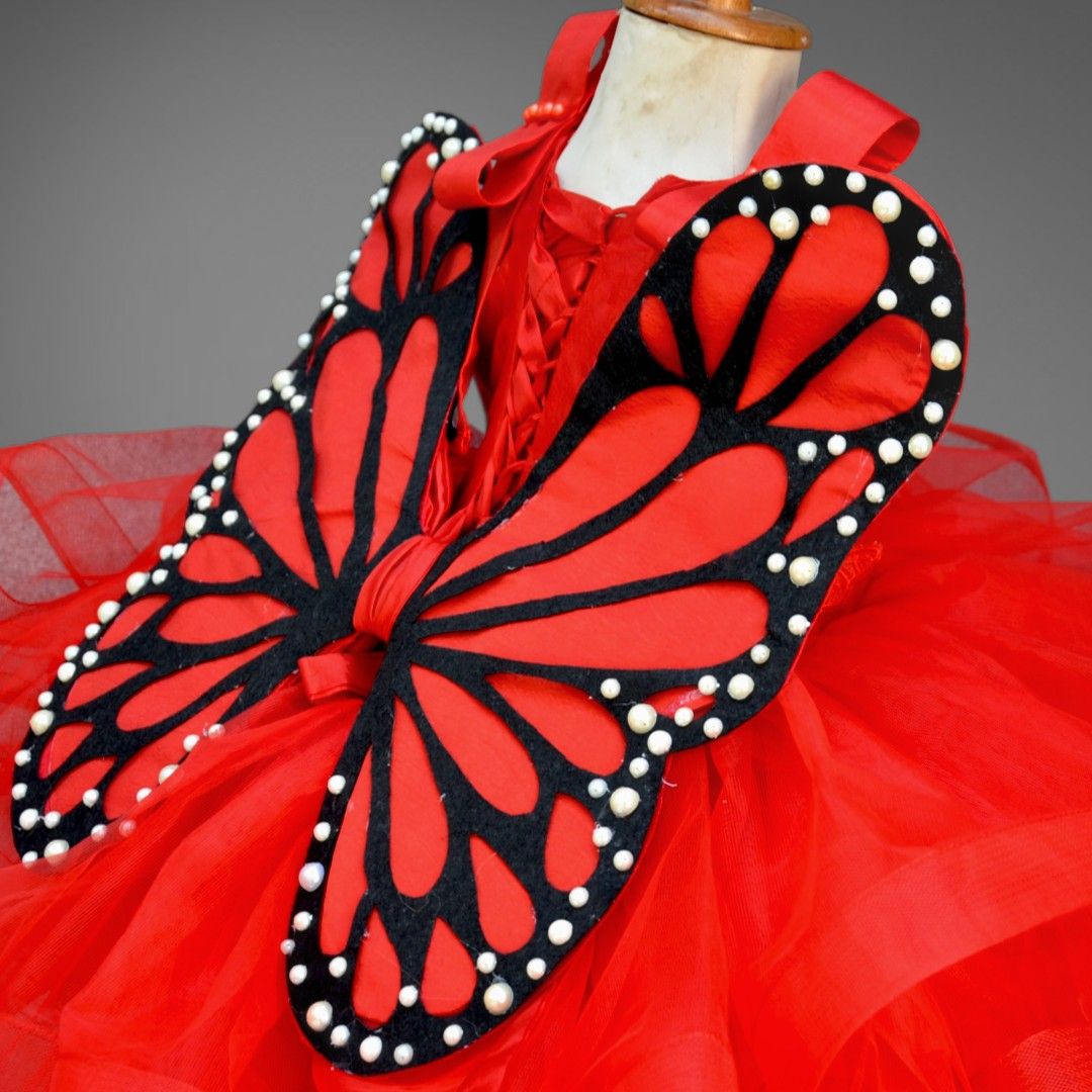 Red Butterfly Dress – handmade girls outfit, silk body and layers of bright net, made to order in Pakistan