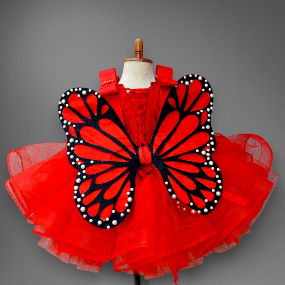 Red Butterfly Dress – handmade girls outfit, silk body and layers of bright net, made to order in Pakistan