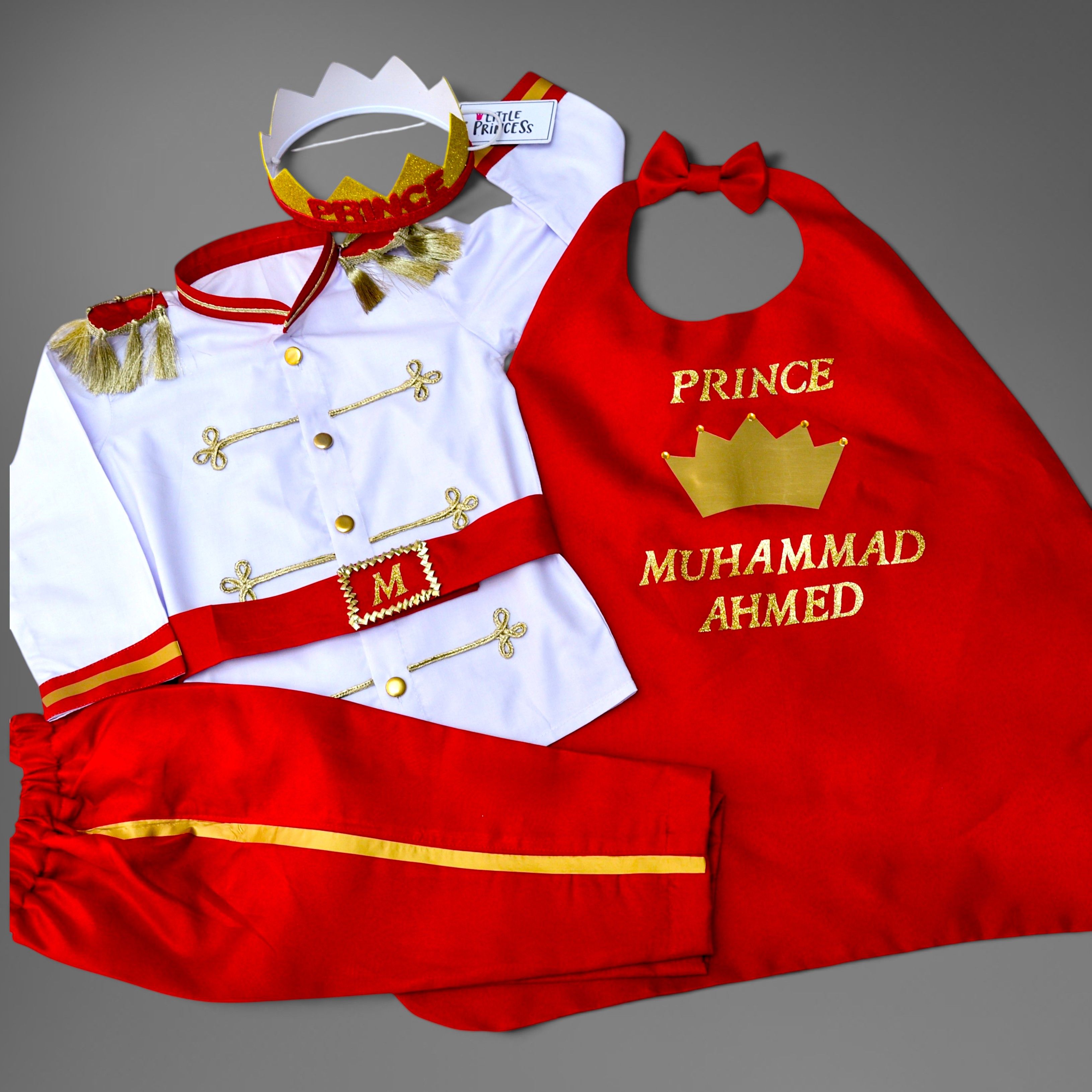 Red Prince Dress (5 Piece) – handmade boys outfit, uniform shirt with silk trousers and cape, made to order in Pakistan