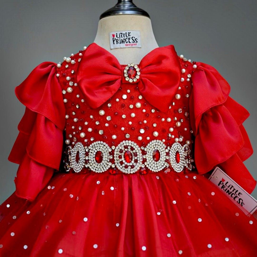 Ruby Red Dress – handmade girls outfit, silk body with a layered net skirt, made to order in Pakistan