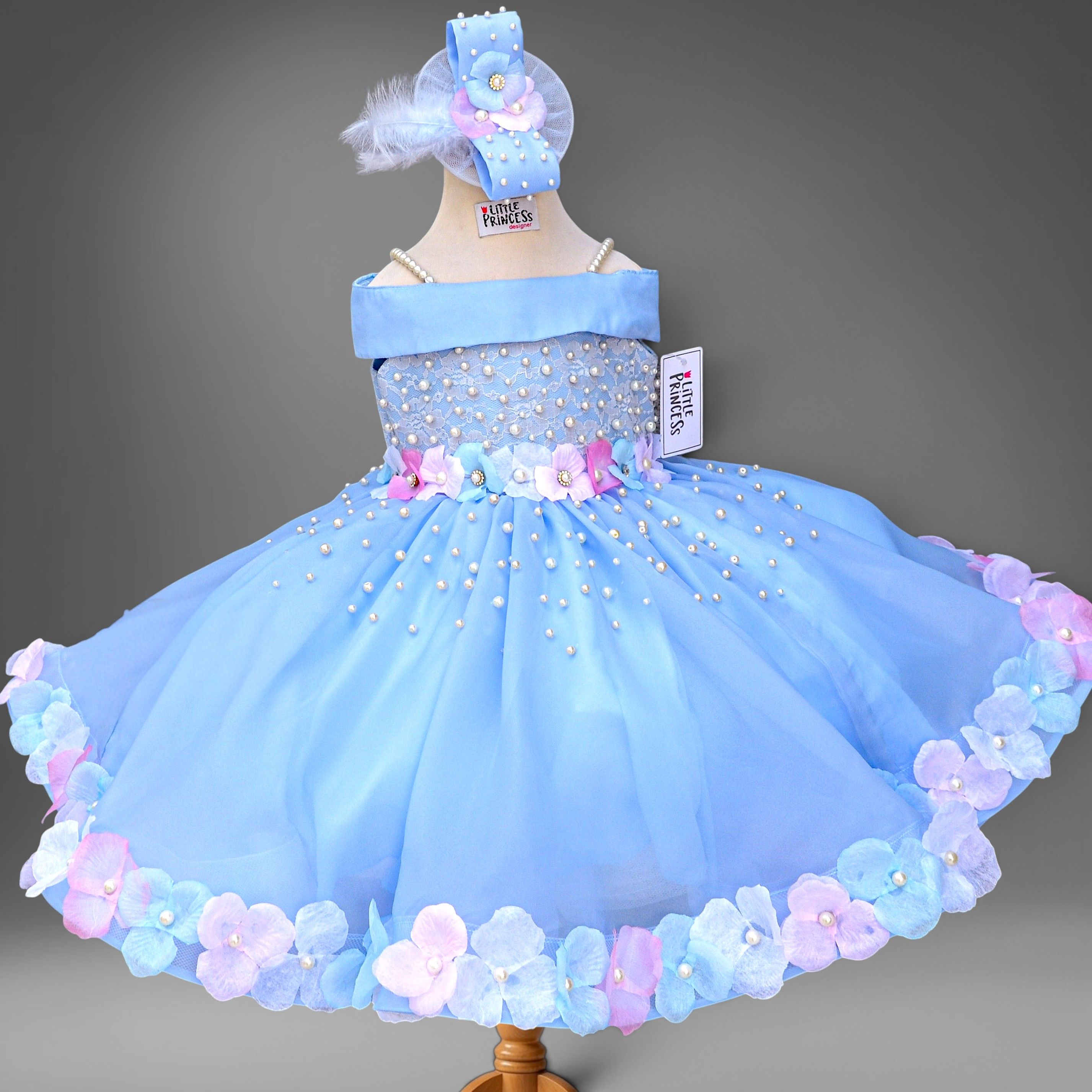 Sky Blue Blossom Gown Short – handmade girls outfit, organza with hand-placed pearls and 3D floral petals, made to order in Pakistan