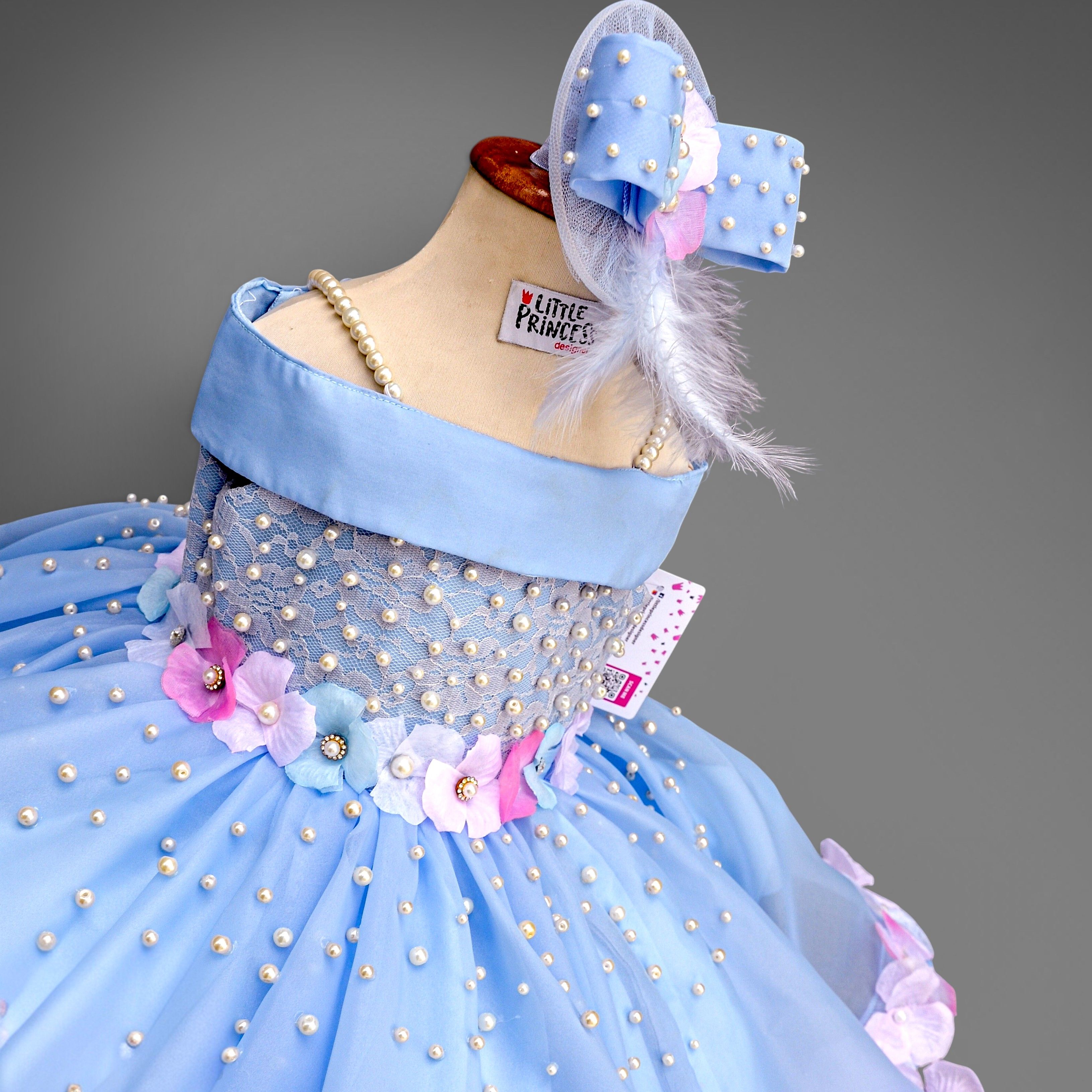 Sky Blue Blossom Gown Short – handmade girls outfit, organza with hand-placed pearls and 3D floral petals, made to order in Pakistan