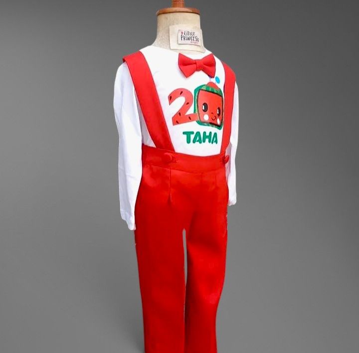 Cocomelon Red Outfit Boys – handmade boys outfit, uniform shirt with silk suspender pants, made to order in Pakistan