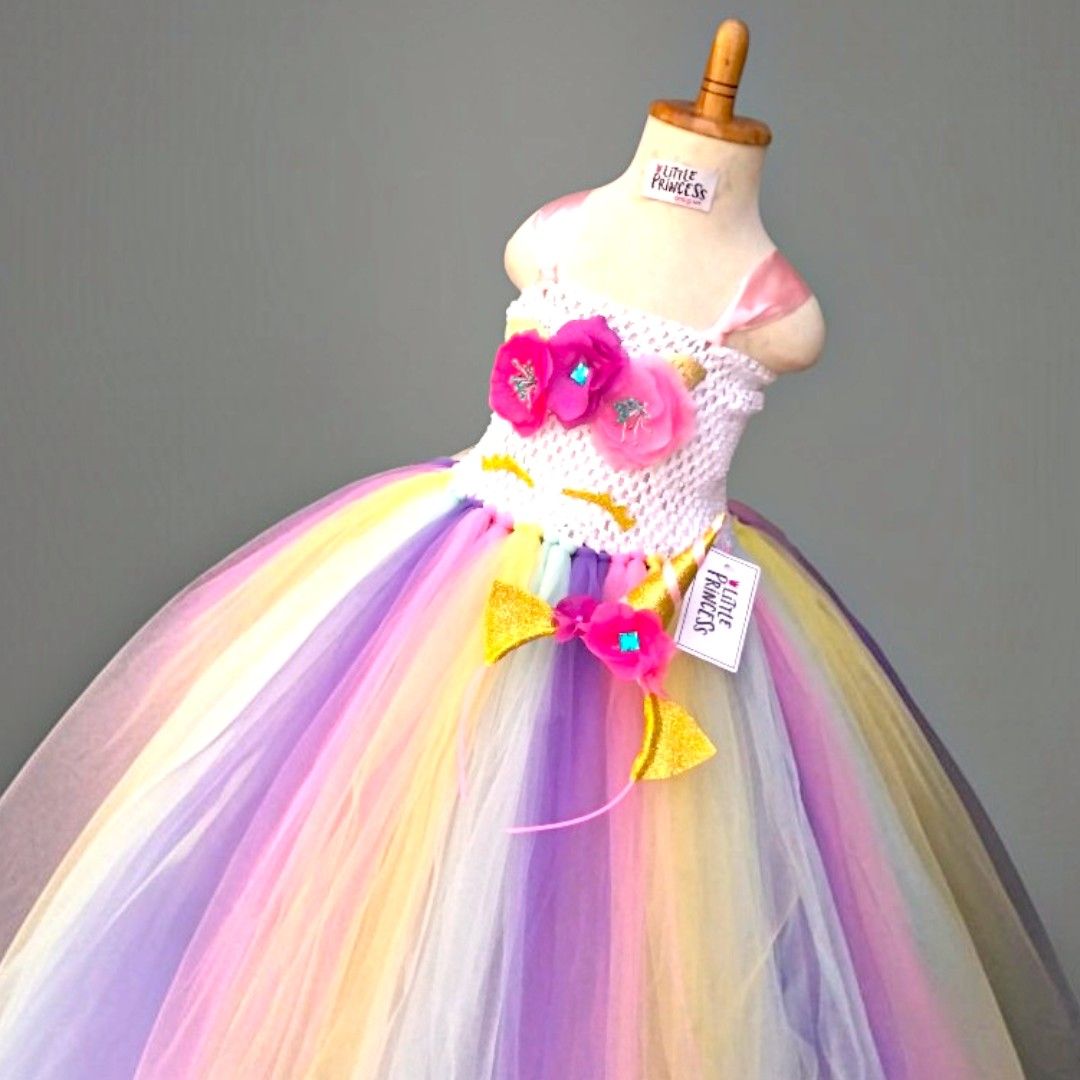 Bright Unicorn Tutu Dress – handmade girls outfit, crochet body and net skirt, made to order in Pakistan