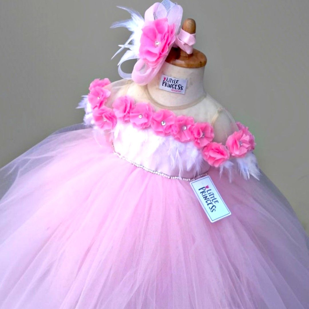 Light Pink Floral Dress – handmade girls outfit, silk body with a full net skirt, made to order in Pakistan
