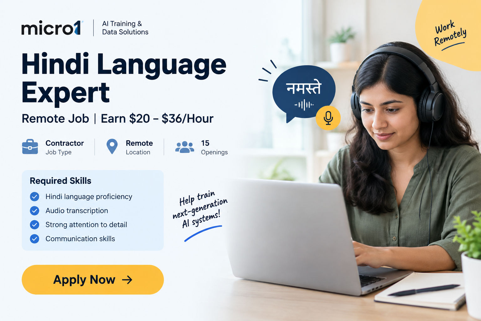 Hindi Language Expert Remote Job – $20–$36/Hour