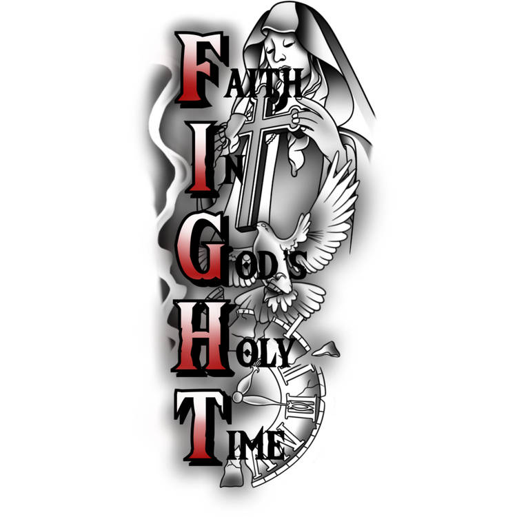 Religious tattoo design featuring a cross, praying figure, dove, clock, and the words "Faith in God's Holy Time."