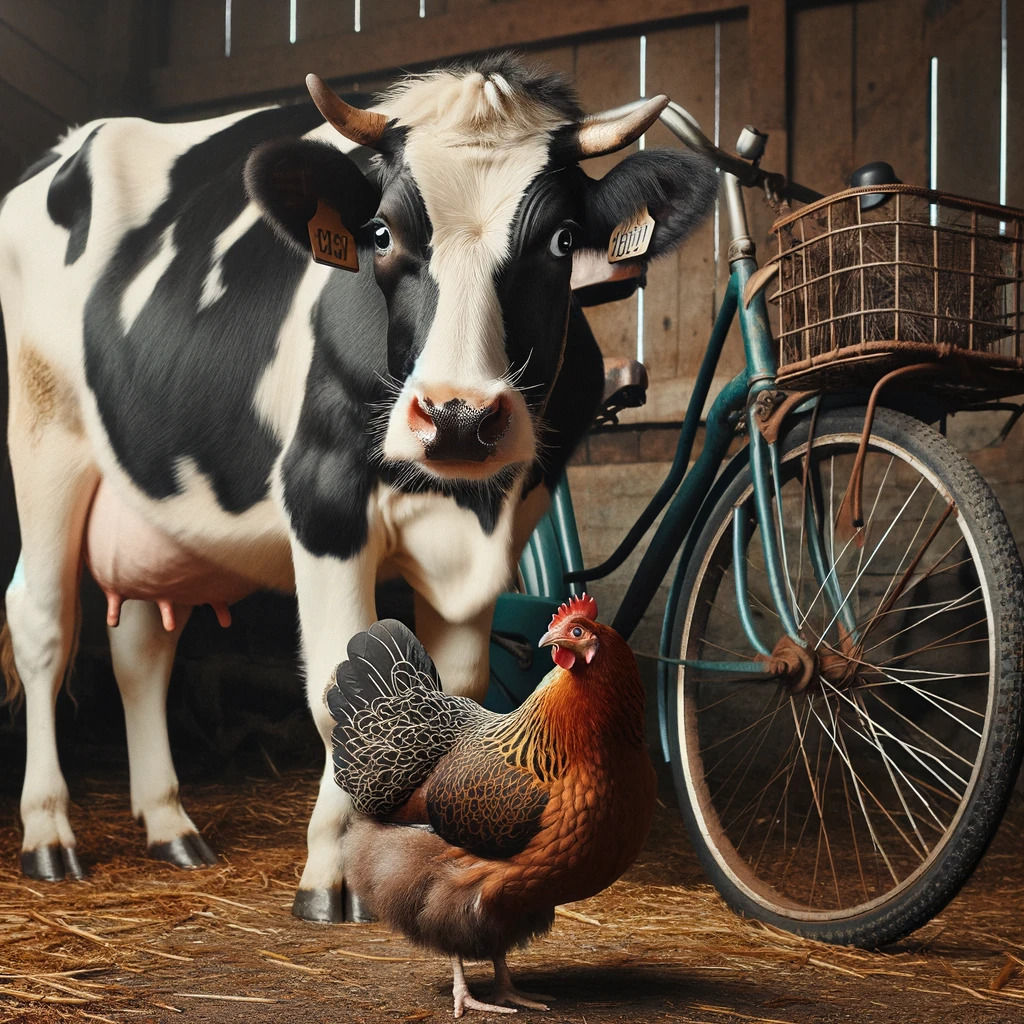 Moo and Henny found an old bicycle in the barn. 'Let's go for a ride ...