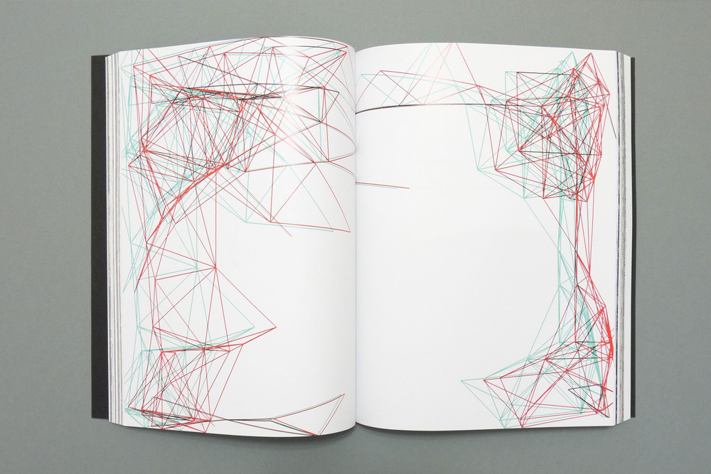 A book spread with clusters of red and blue lines joined together in an organic pattern