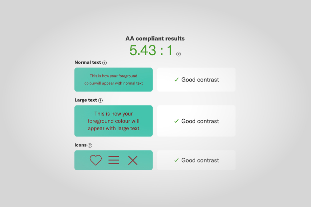 A screenshot of a website with two colours and their contrast ratio scores
