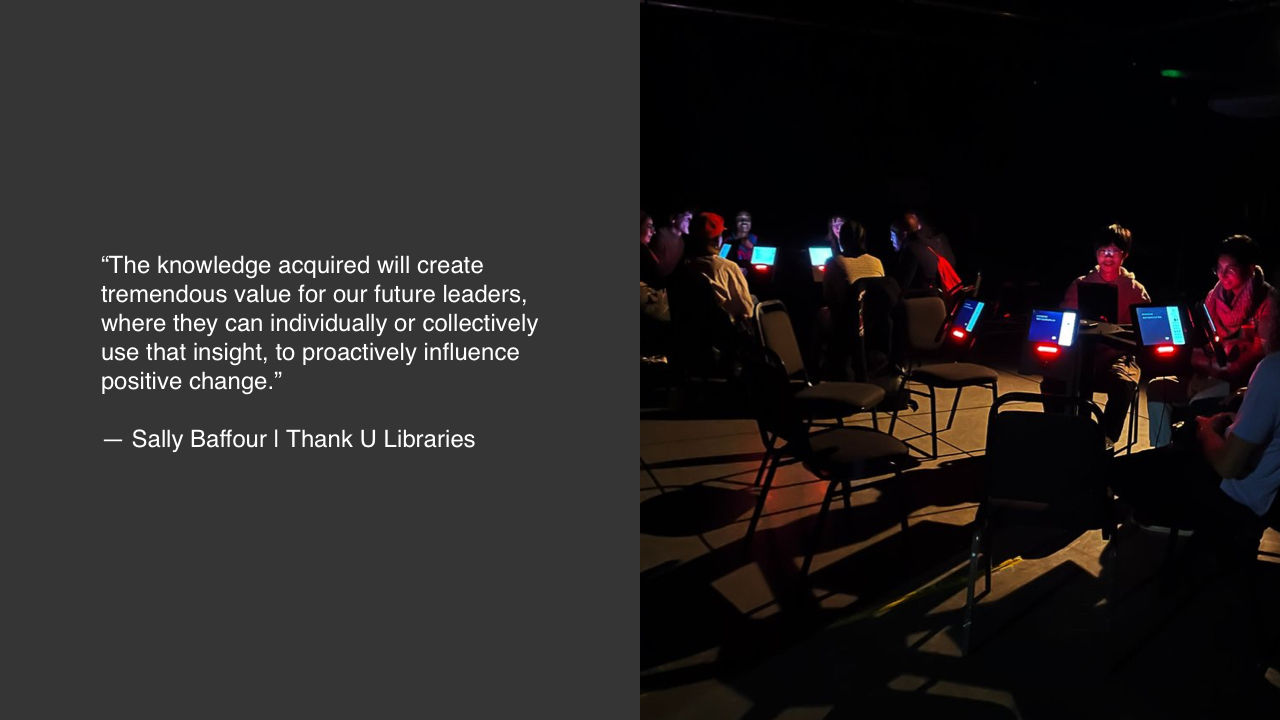 a quote and photo of people sitting in groups looking at a screen