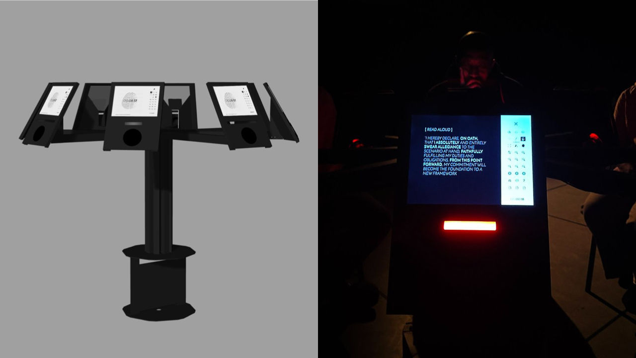 two photographs of a screen, speakers and lights connected together