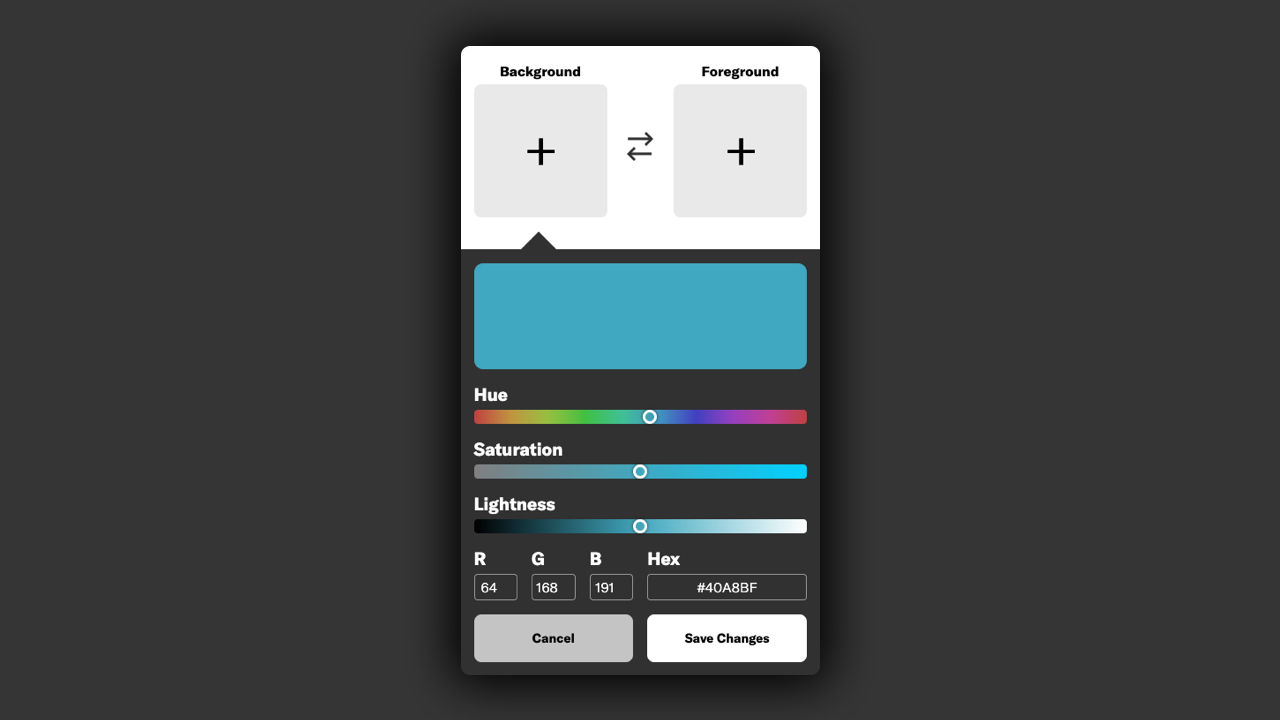 A colour picker interface with sliders and text input for the hue, saturation, brightness, red, green and blue values