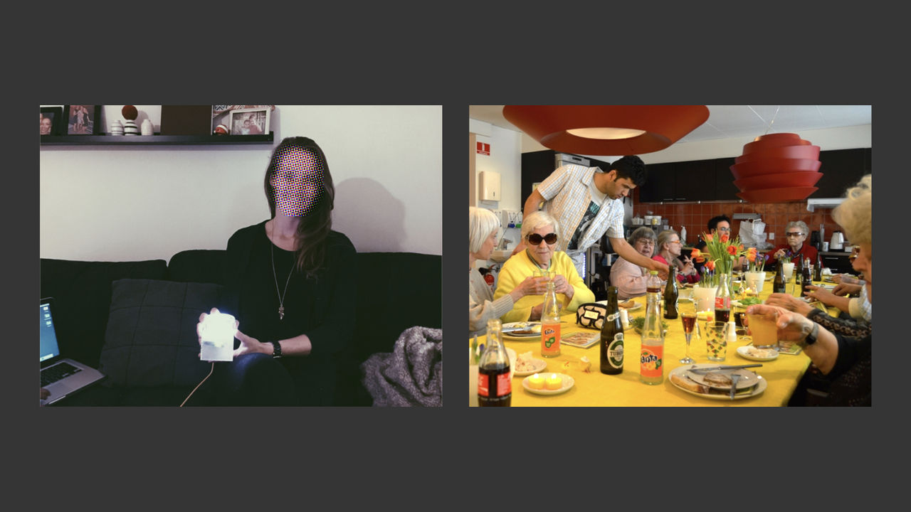 A woman holding a glowing box and a group of elderly people haivng a dinner party